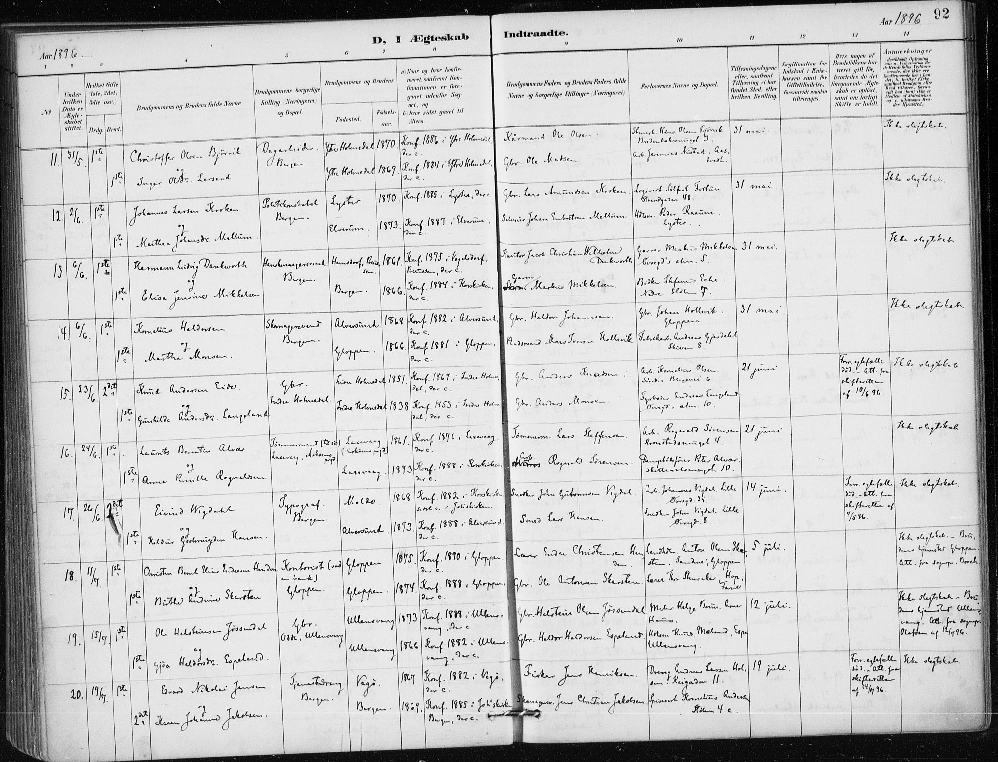 Mariakirken Sokneprestembete, AV/SAB-A-76901/H/Haa/L0013: Parish register (official) no. C 1, 1889-1900, p. 92