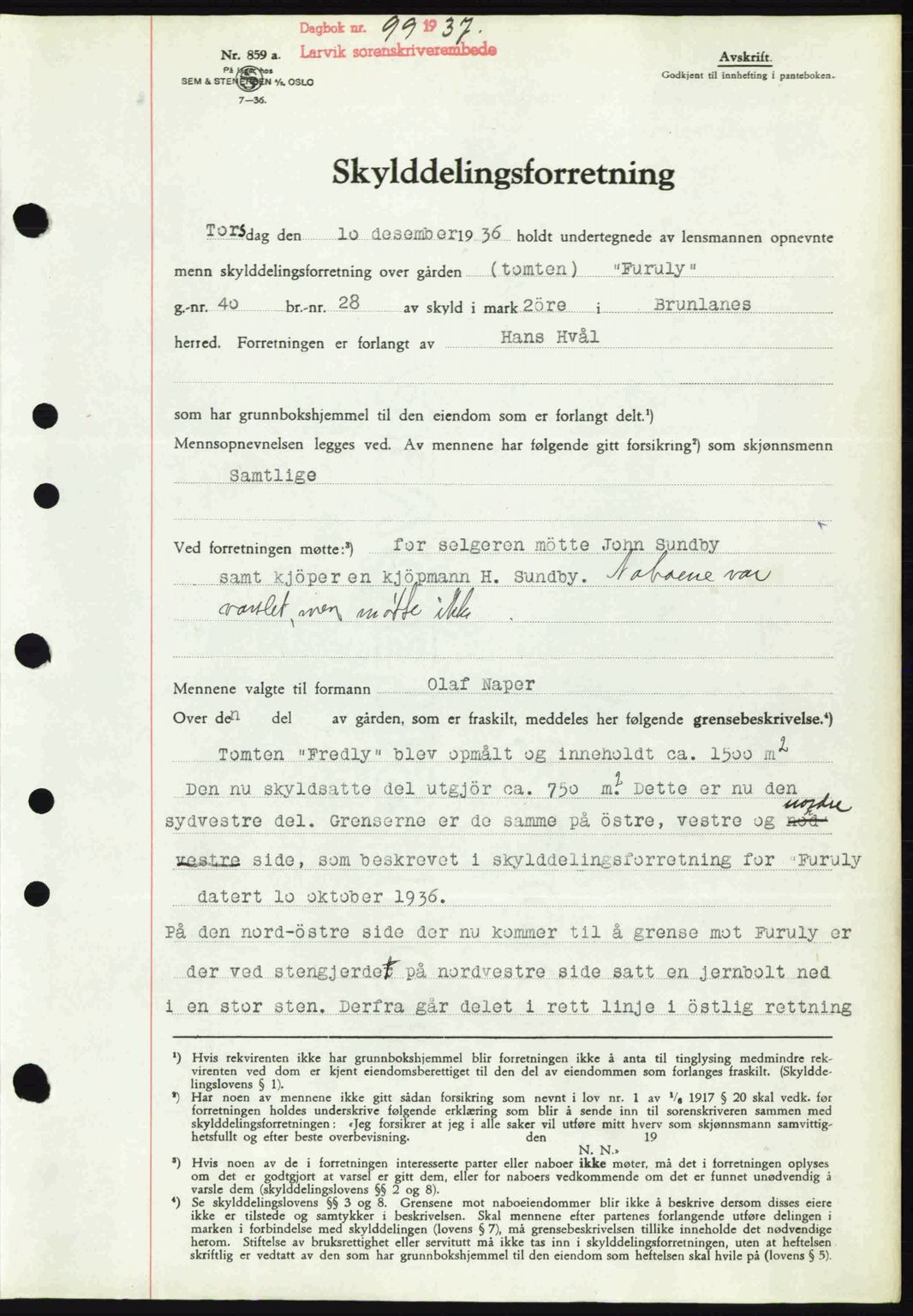 Larvik sorenskriveri, SAKO/A-83/G/Ga/Gab/L0067: Mortgage book no. A-1, 1936-1937, Diary no: : 99/1937
