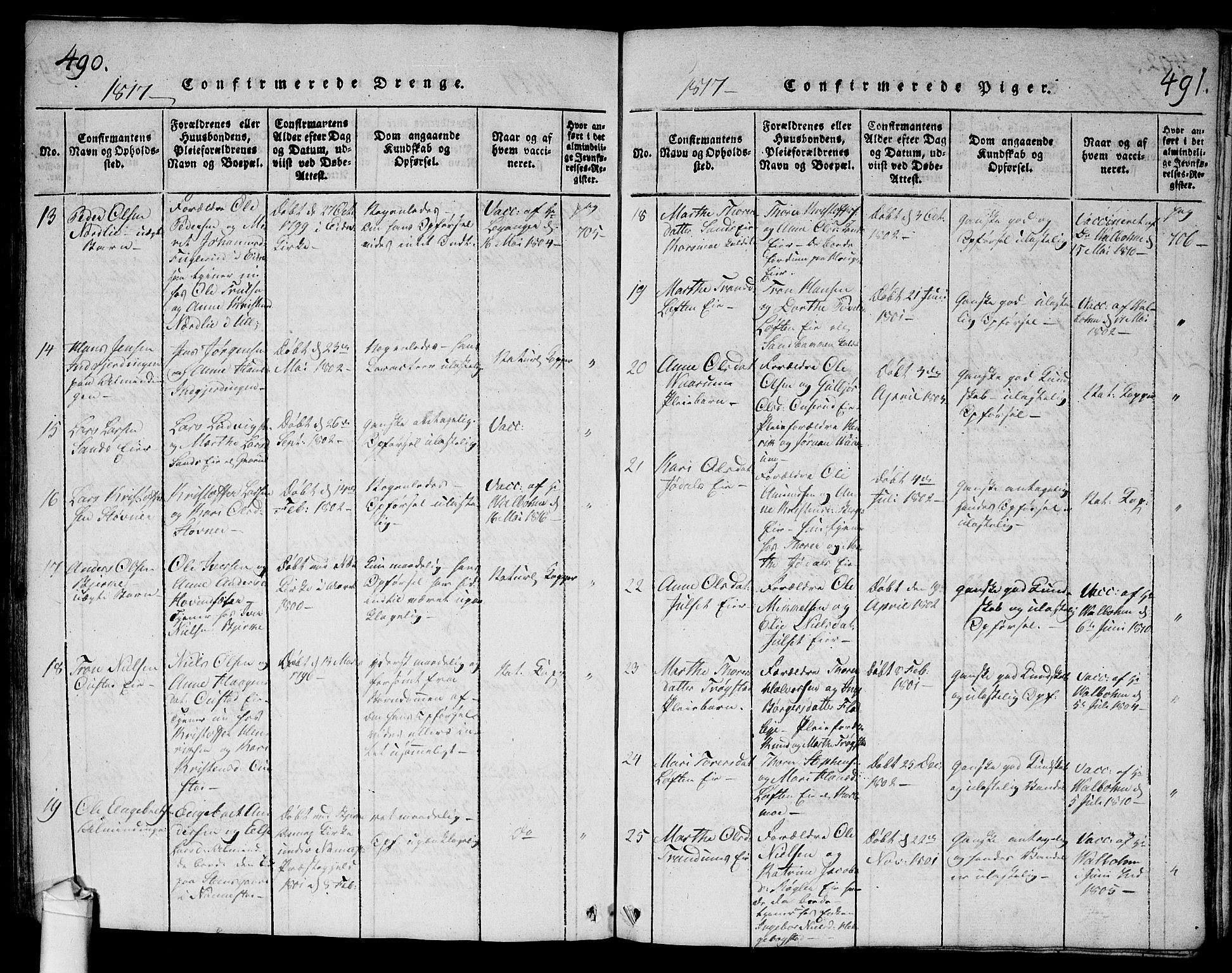 Ullensaker prestekontor Kirkebøker, SAO/A-10236a/G/Ga/L0001: Parish register (copy) no. I 1, 1815-1835, p. 490-491