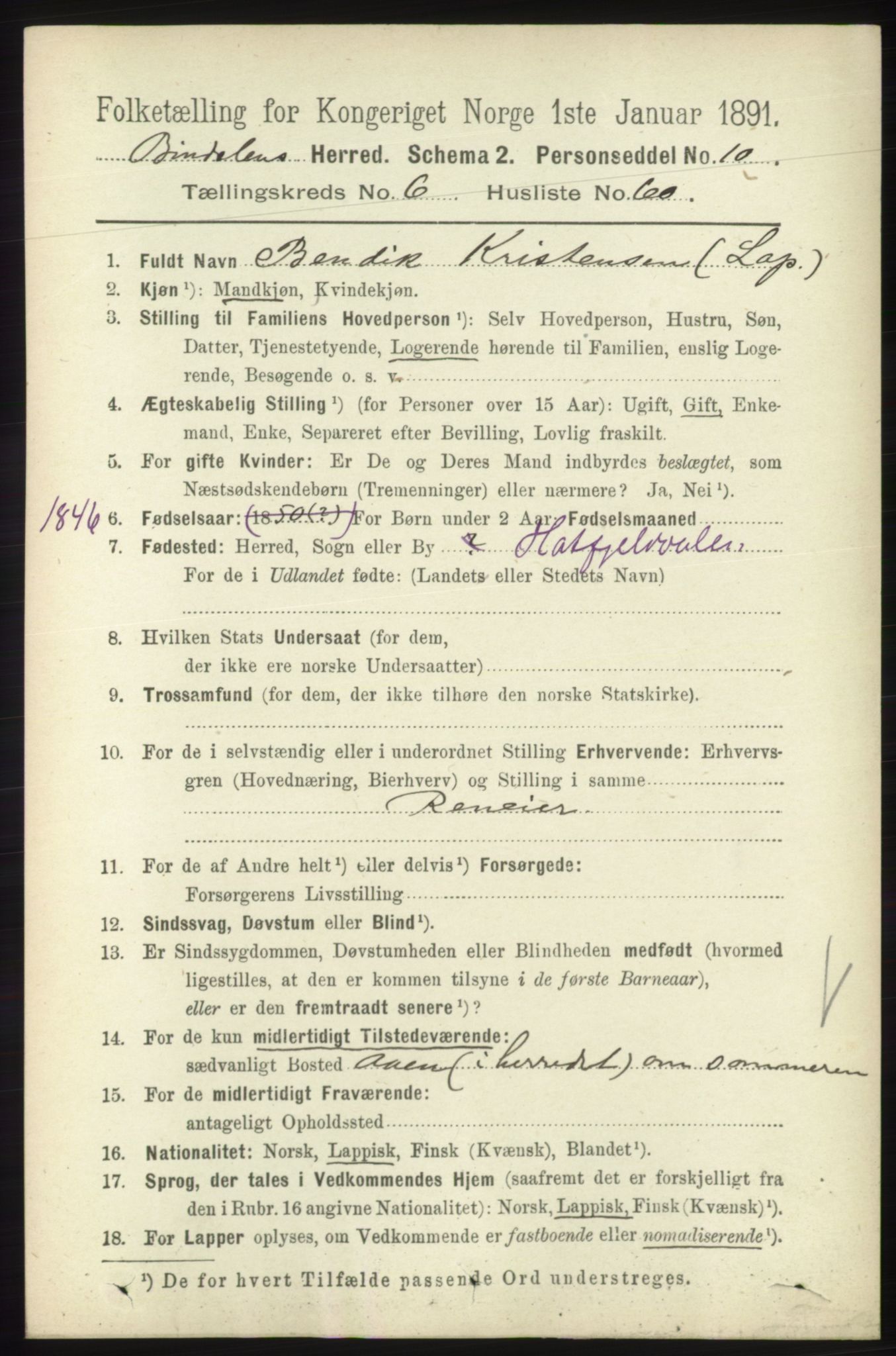 RA, 1891 census for 1811 Bindal, 1891, p. 2126