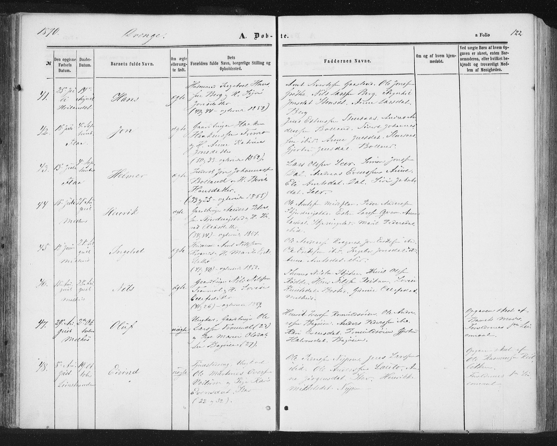 Ministerialprotokoller, klokkerbøker og fødselsregistre - Sør-Trøndelag, AV/SAT-A-1456/691/L1077: Parish register (official) no. 691A09, 1862-1873, p. 122