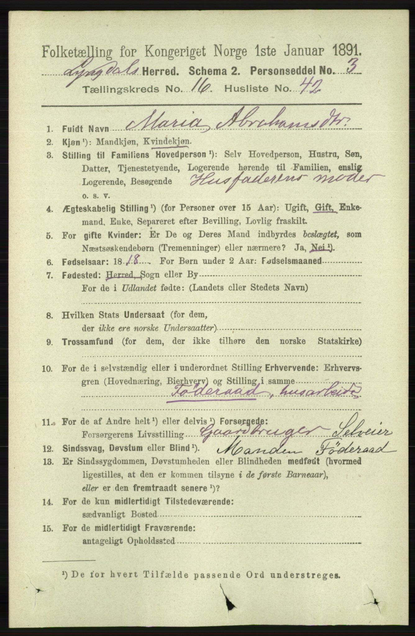 RA, 1891 census for 1032 Lyngdal, 1891, p. 6469