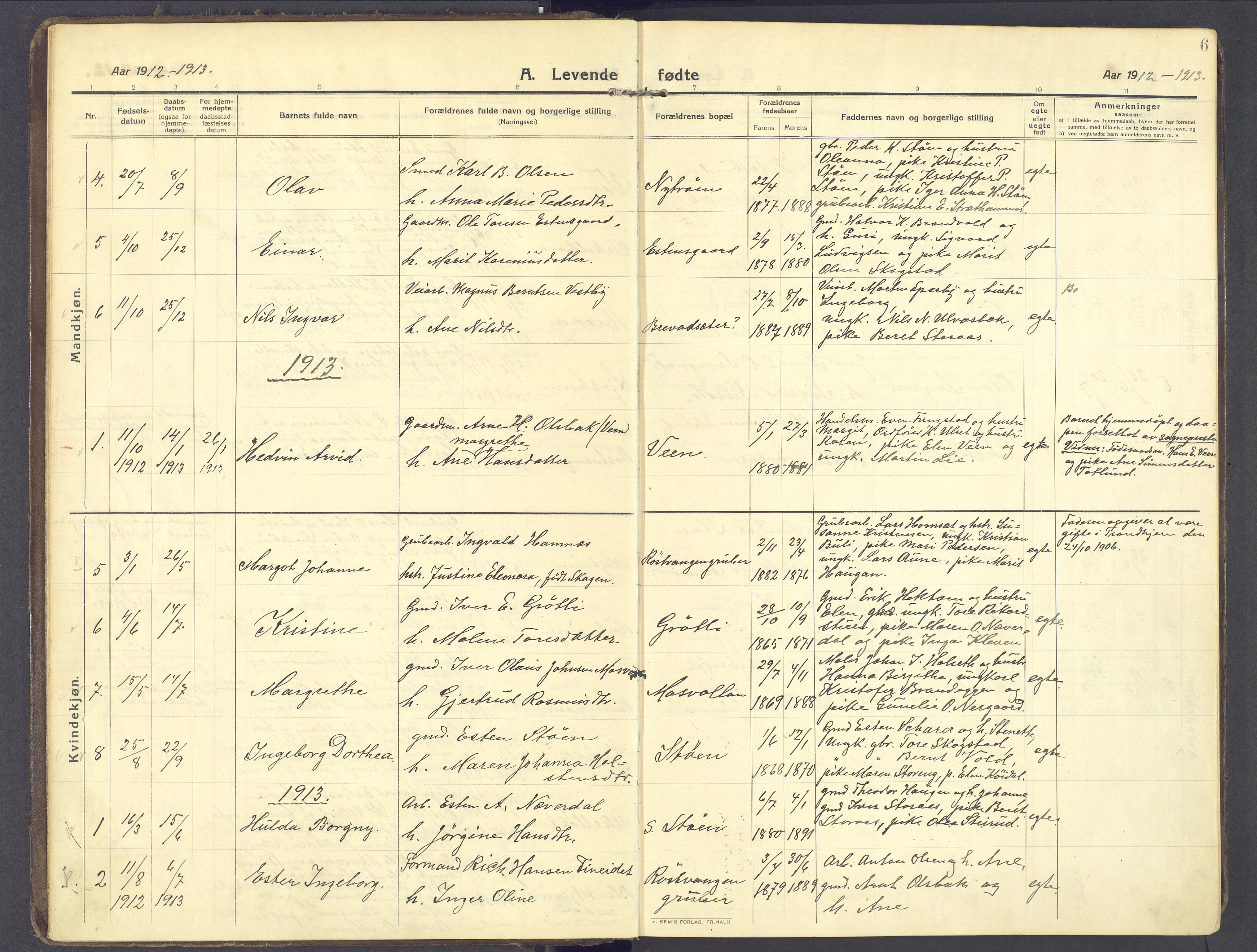 Kvikne prestekontor, SAH/PREST-064/H/Ha/Haa/L0009: Parish register (official) no. 9, 1911-1942, p. 6