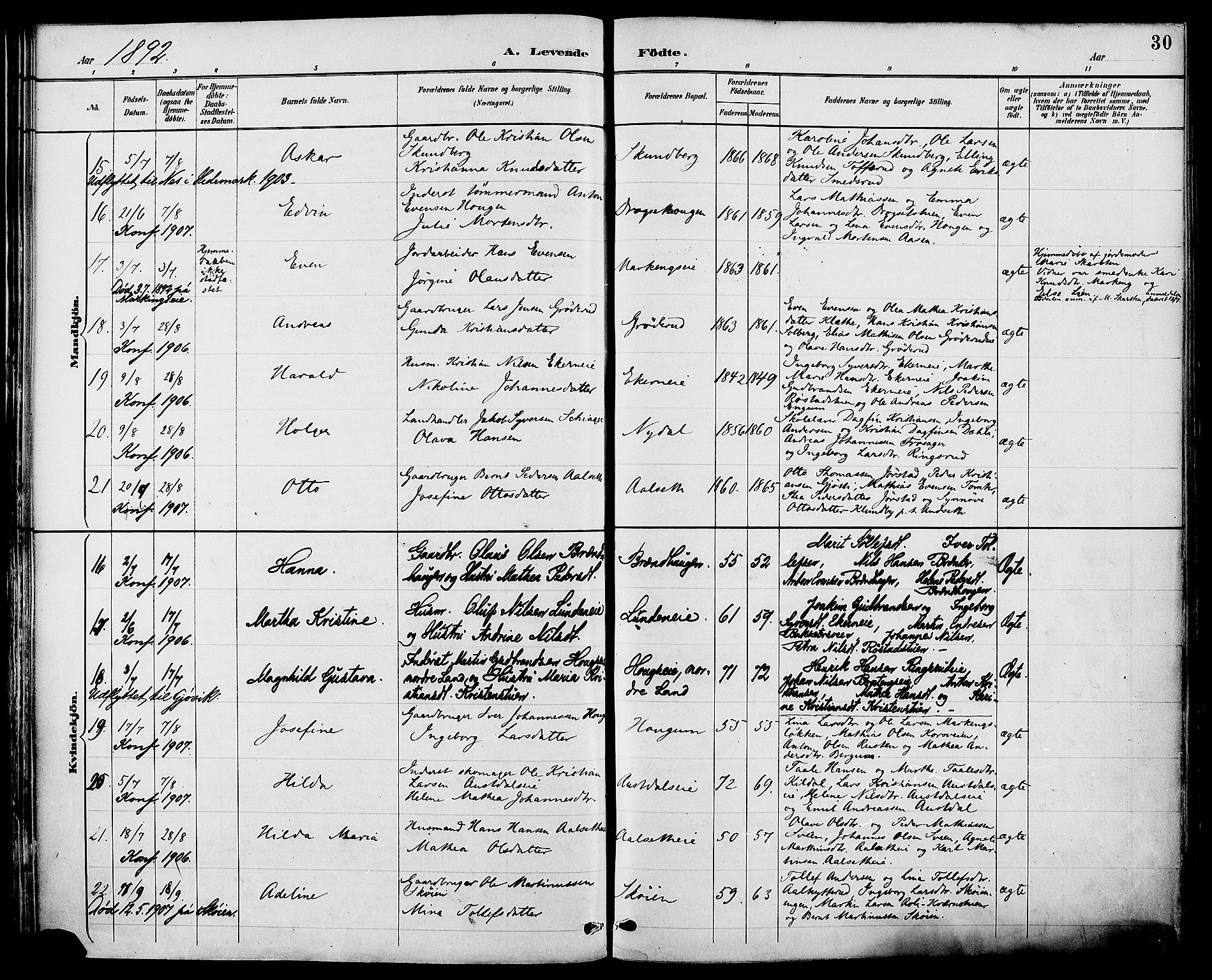 Biri prestekontor, AV/SAH-PREST-096/H/Ha/Haa/L0007: Parish register (official) no. 7, 1887-1893, p. 30