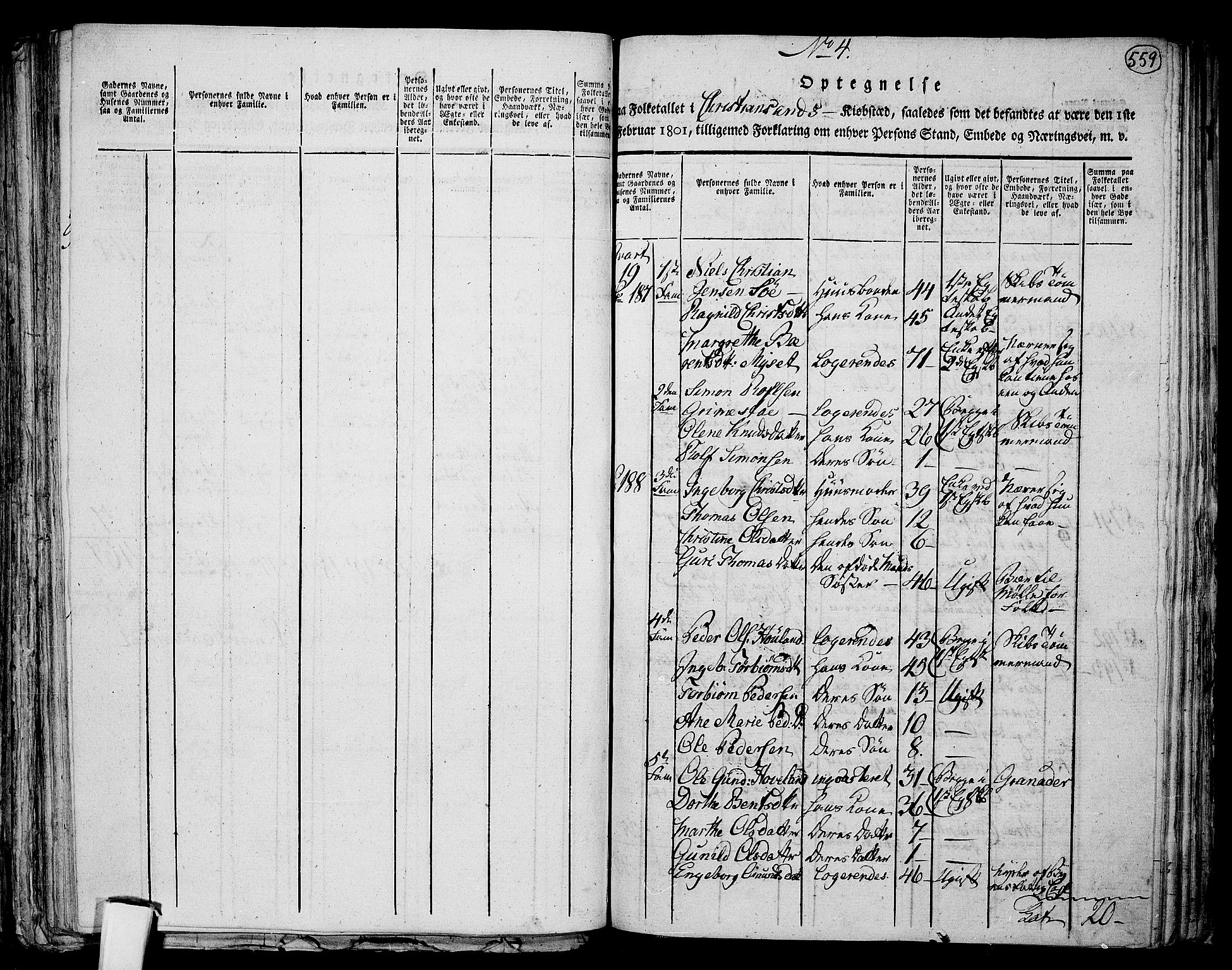 RA, 1801 census for 1001P Kristiansand, 1801, p. 558b-559a
