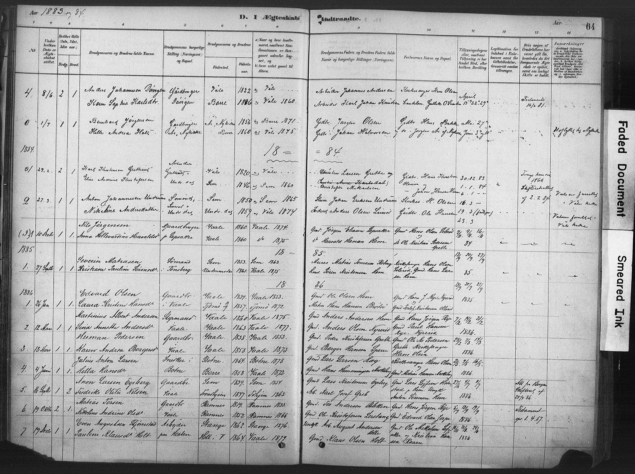 Våle kirkebøker, AV/SAKO-A-334/F/Fb/L0002: Parish register (official) no. II 2, 1878-1907, p. 64