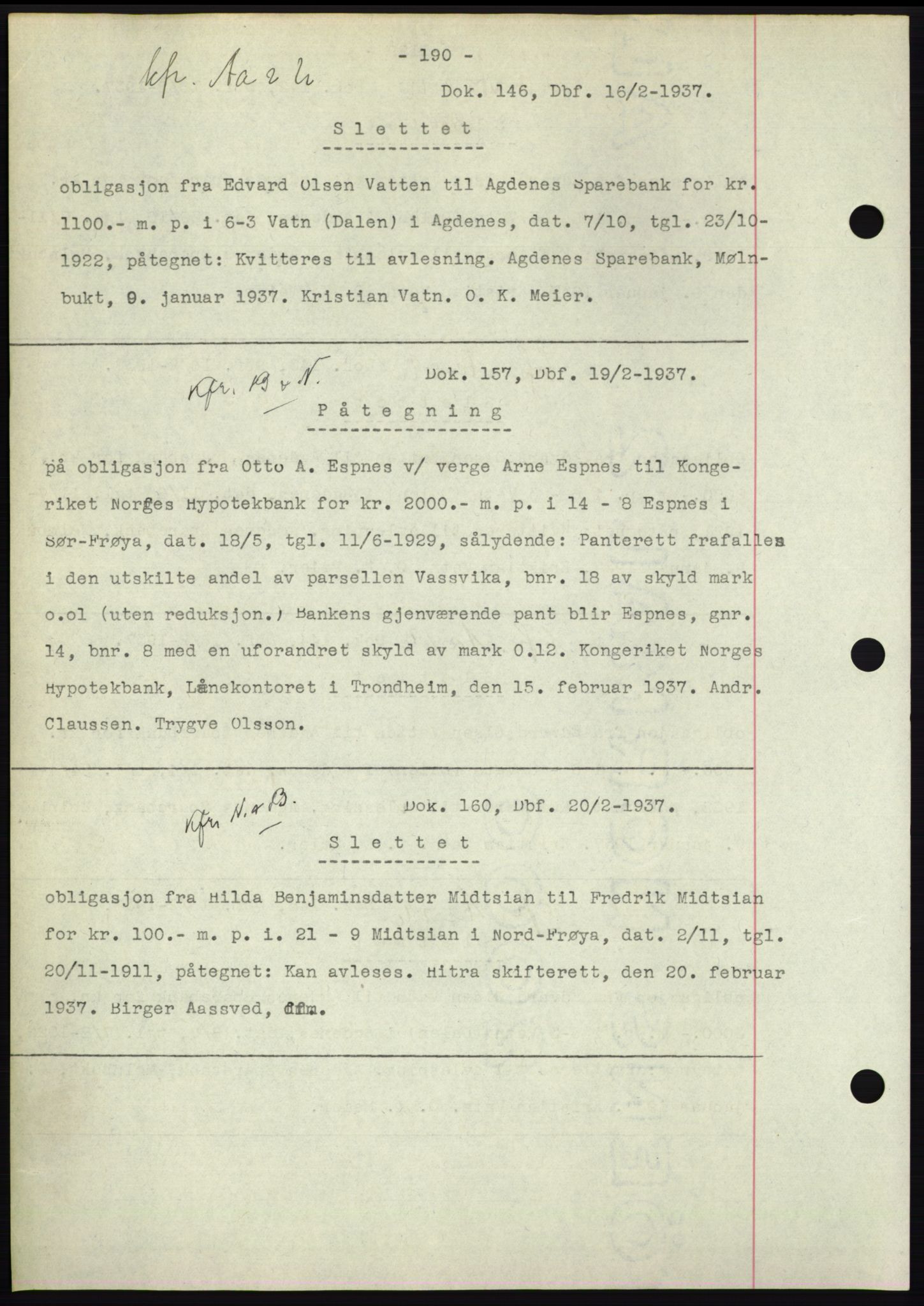 Hitra sorenskriveri, AV/SAT-A-0018/2/2C/2Ca: Mortgage book no. C1, 1936-1945, Diary no: : 146/1937