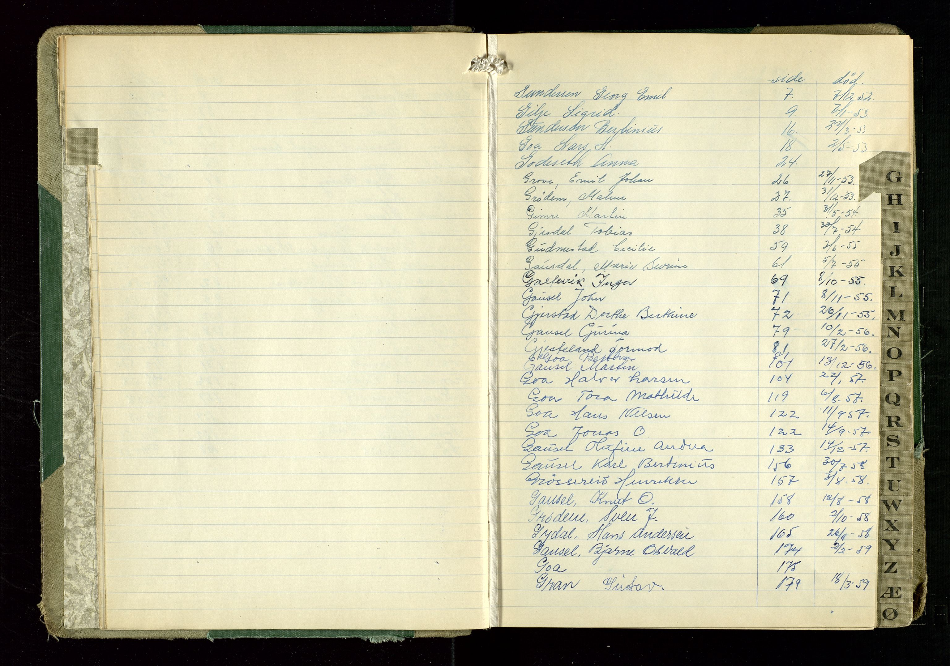 Hetland lensmannskontor, AV/SAST-A-100101/Gga/L0006: "Protokoll over anmeldte dødsfall" (med alfabetisk navneregister), 1952-1959