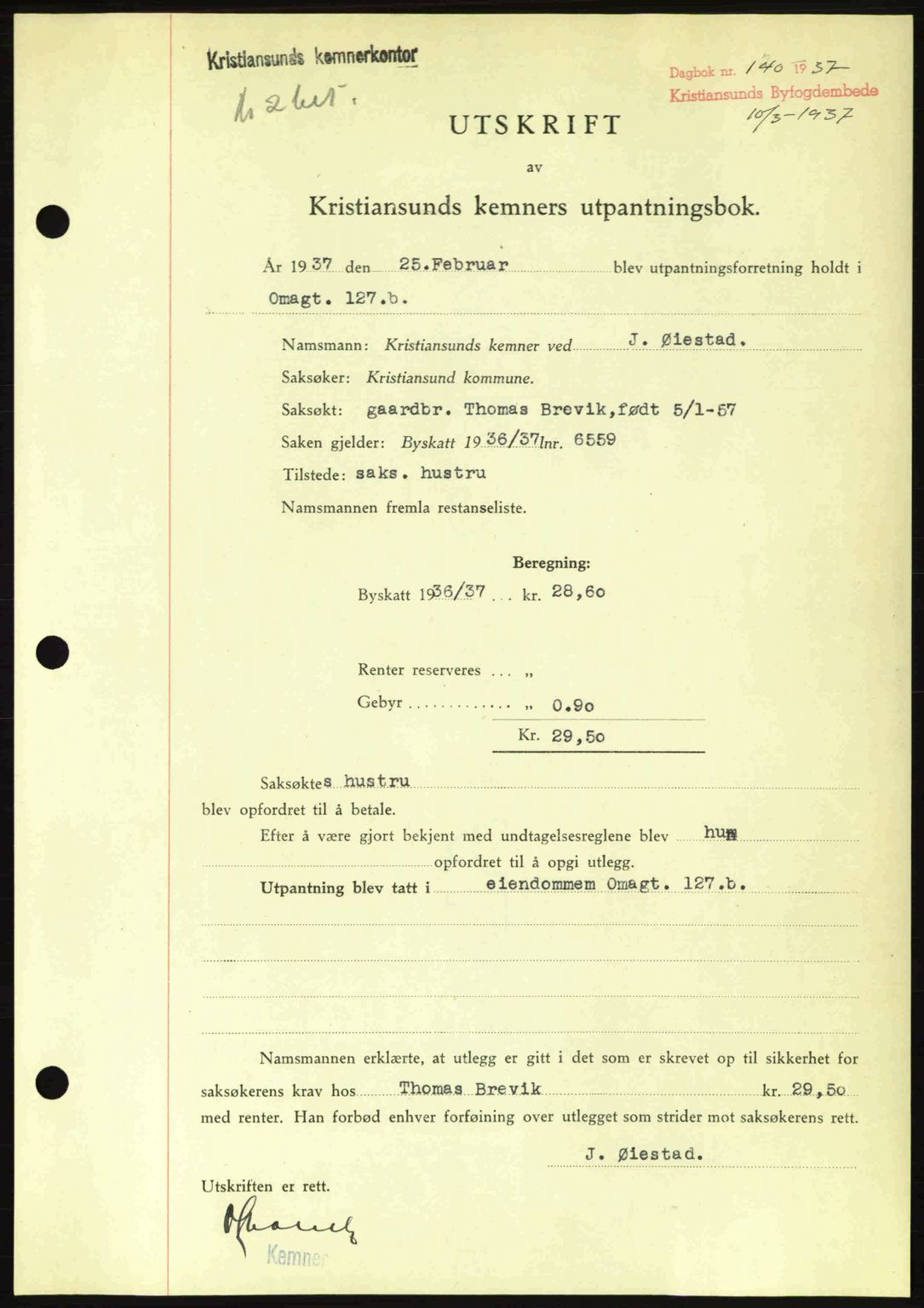 Kristiansund byfogd, AV/SAT-A-4587/A/27: Mortgage book no. 29, 1936-1937, Diary no: : 140/1937