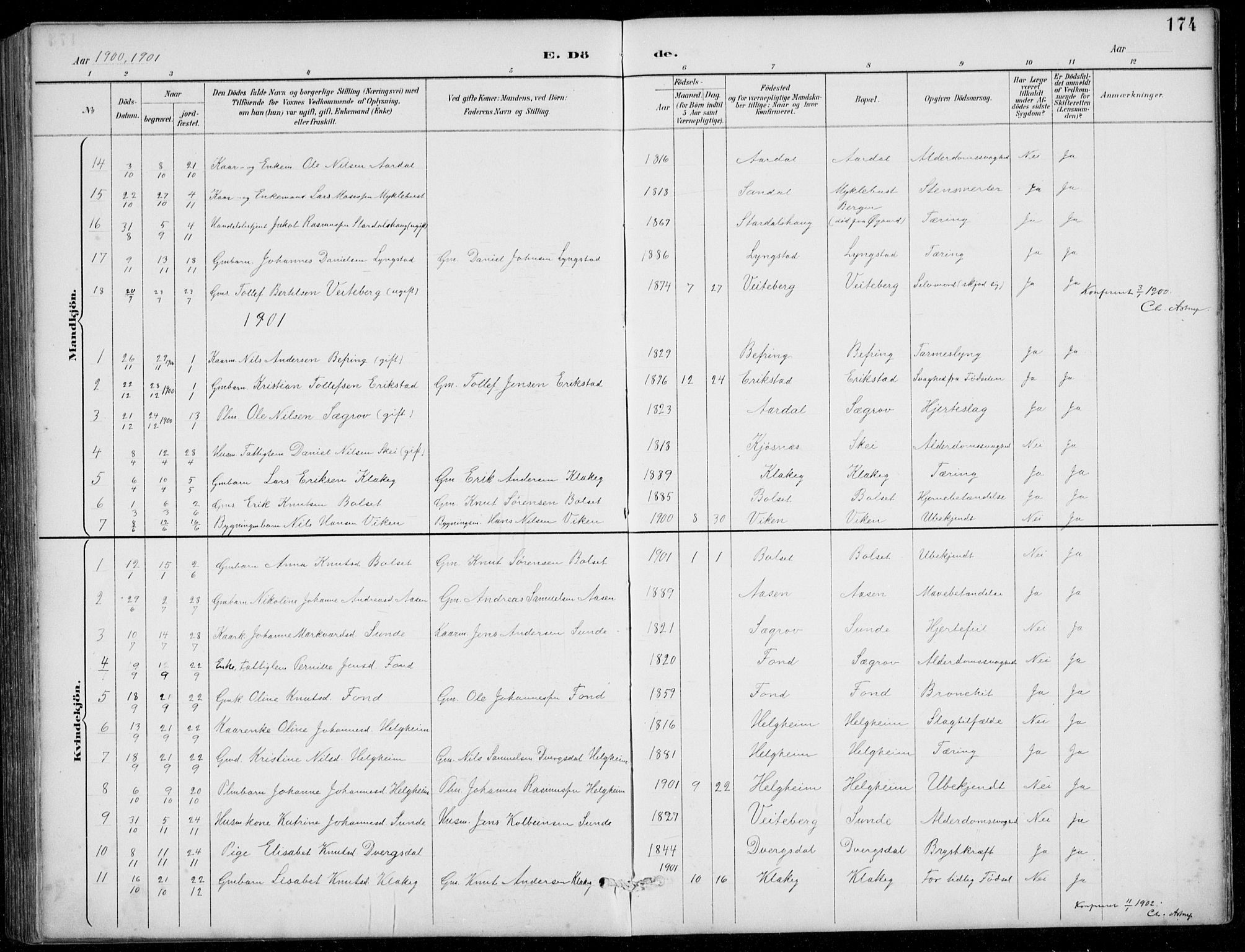 Jølster sokneprestembete, SAB/A-80701/H/Hab/Habb/L0002: Parish register (copy) no. B 2, 1887-1920, p. 174