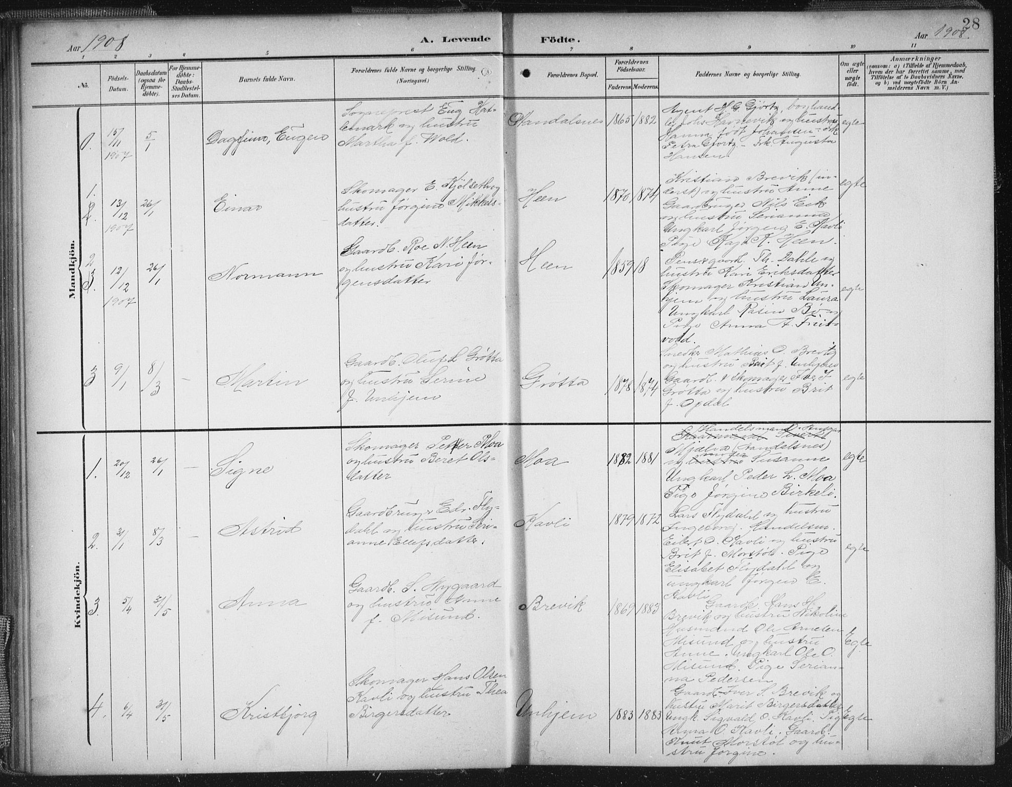 Ministerialprotokoller, klokkerbøker og fødselsregistre - Møre og Romsdal, AV/SAT-A-1454/545/L0589: Parish register (copy) no. 545C03, 1902-1937, p. 28