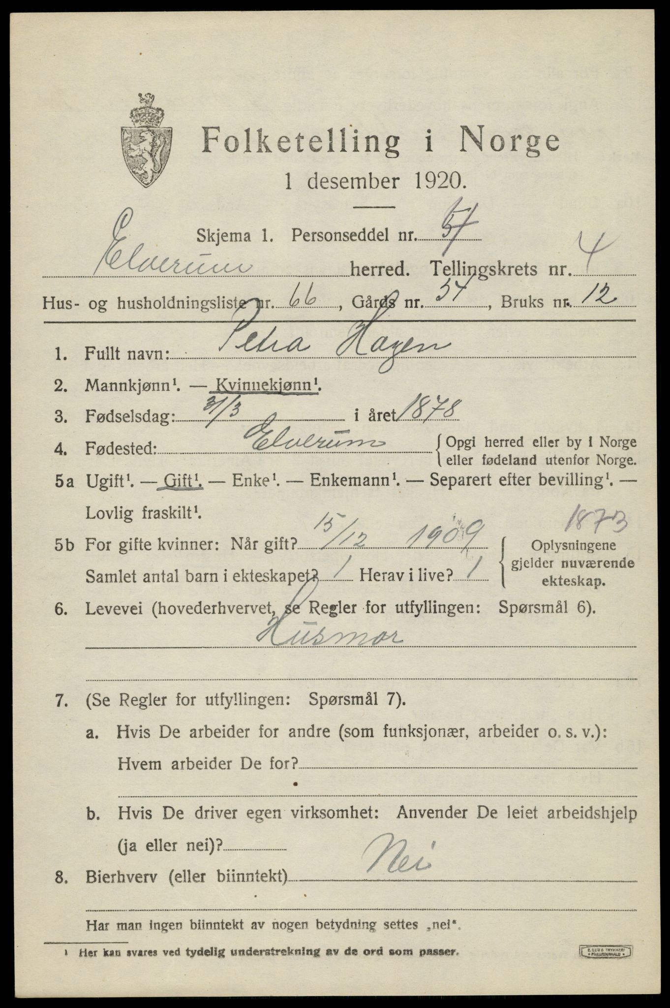 SAH, 1920 census for Elverum, 1920, p. 7478