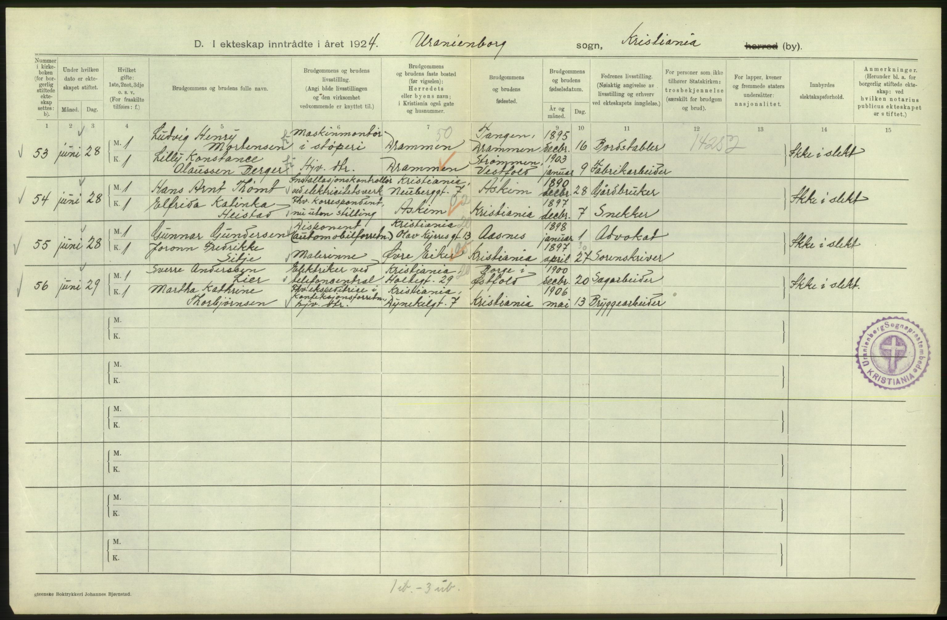 Statistisk sentralbyrå, Sosiodemografiske emner, Befolkning, AV/RA-S-2228/D/Df/Dfc/Dfcd/L0007: Kristiania: Gifte, 1924, p. 182