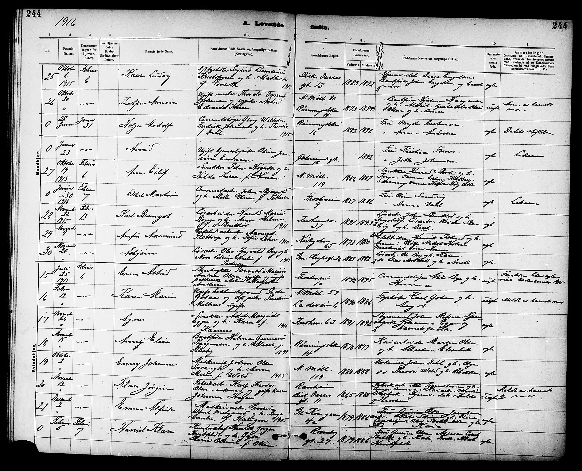 Ministerialprotokoller, klokkerbøker og fødselsregistre - Sør-Trøndelag, AV/SAT-A-1456/605/L0254: Parish register (copy) no. 605C01, 1908-1916, p. 244