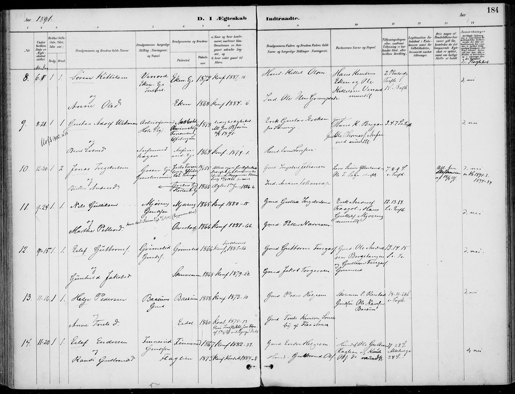 Sigdal kirkebøker, AV/SAKO-A-245/F/Fb/L0001: Parish register (official) no. II 1, 1888-1900, p. 184