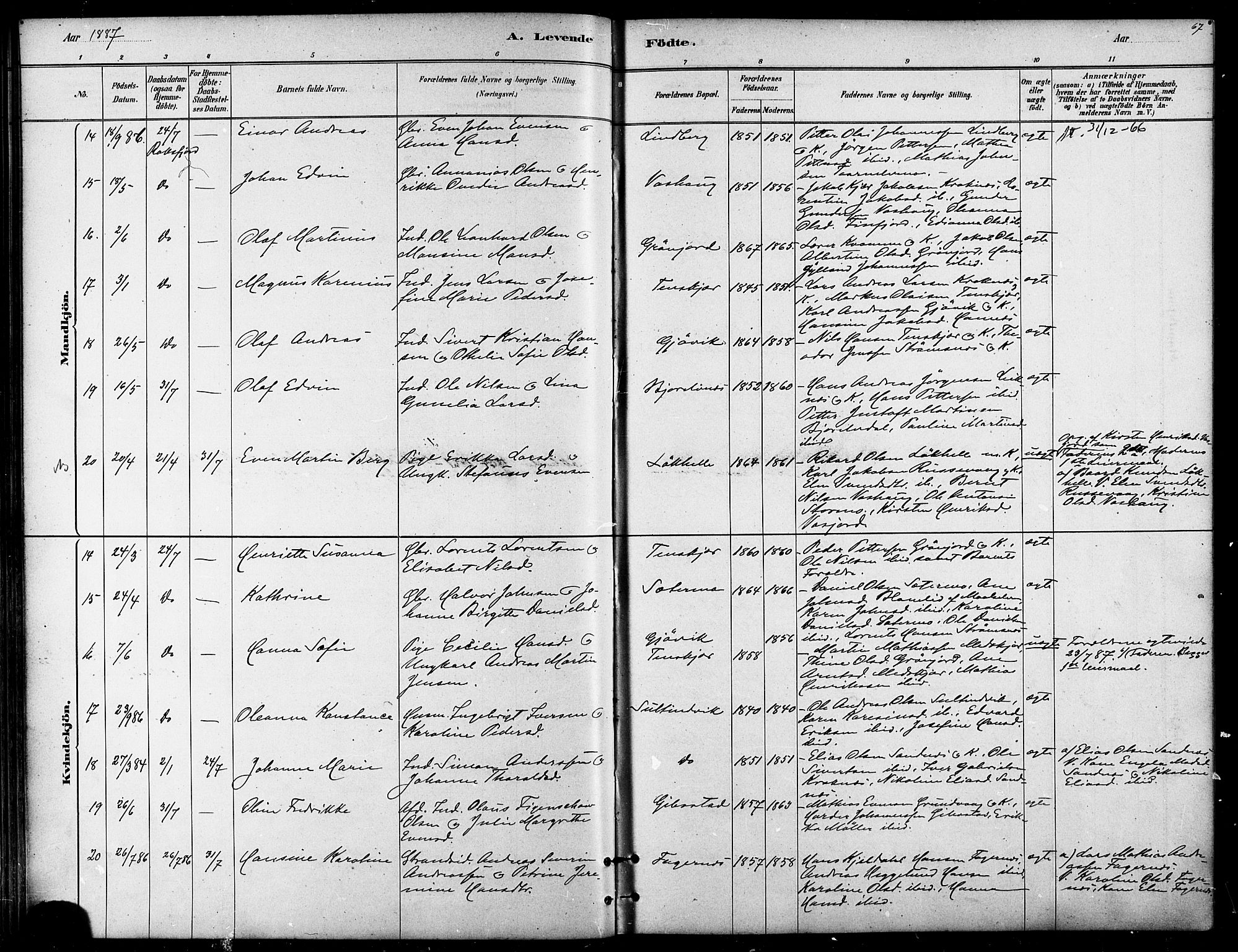 Lenvik sokneprestembete, SATØ/S-1310/H/Ha/Haa/L0011kirke: Parish register (official) no. 11, 1880-1889, p. 67