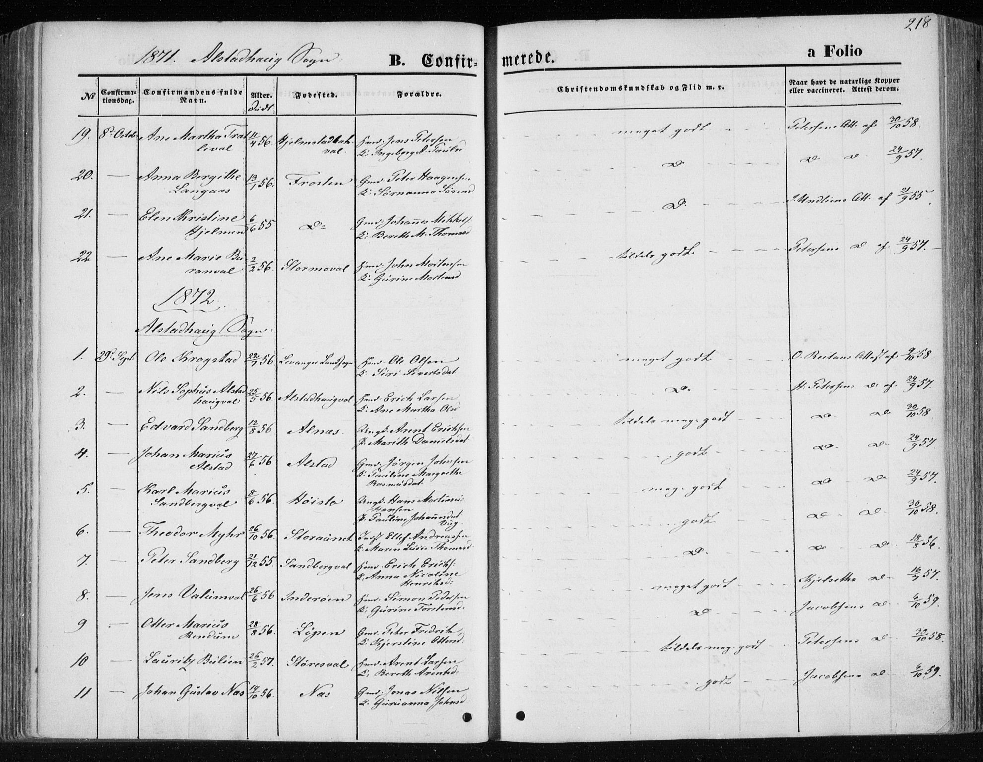 Ministerialprotokoller, klokkerbøker og fødselsregistre - Nord-Trøndelag, AV/SAT-A-1458/717/L0157: Parish register (official) no. 717A08 /1, 1863-1877, p. 218