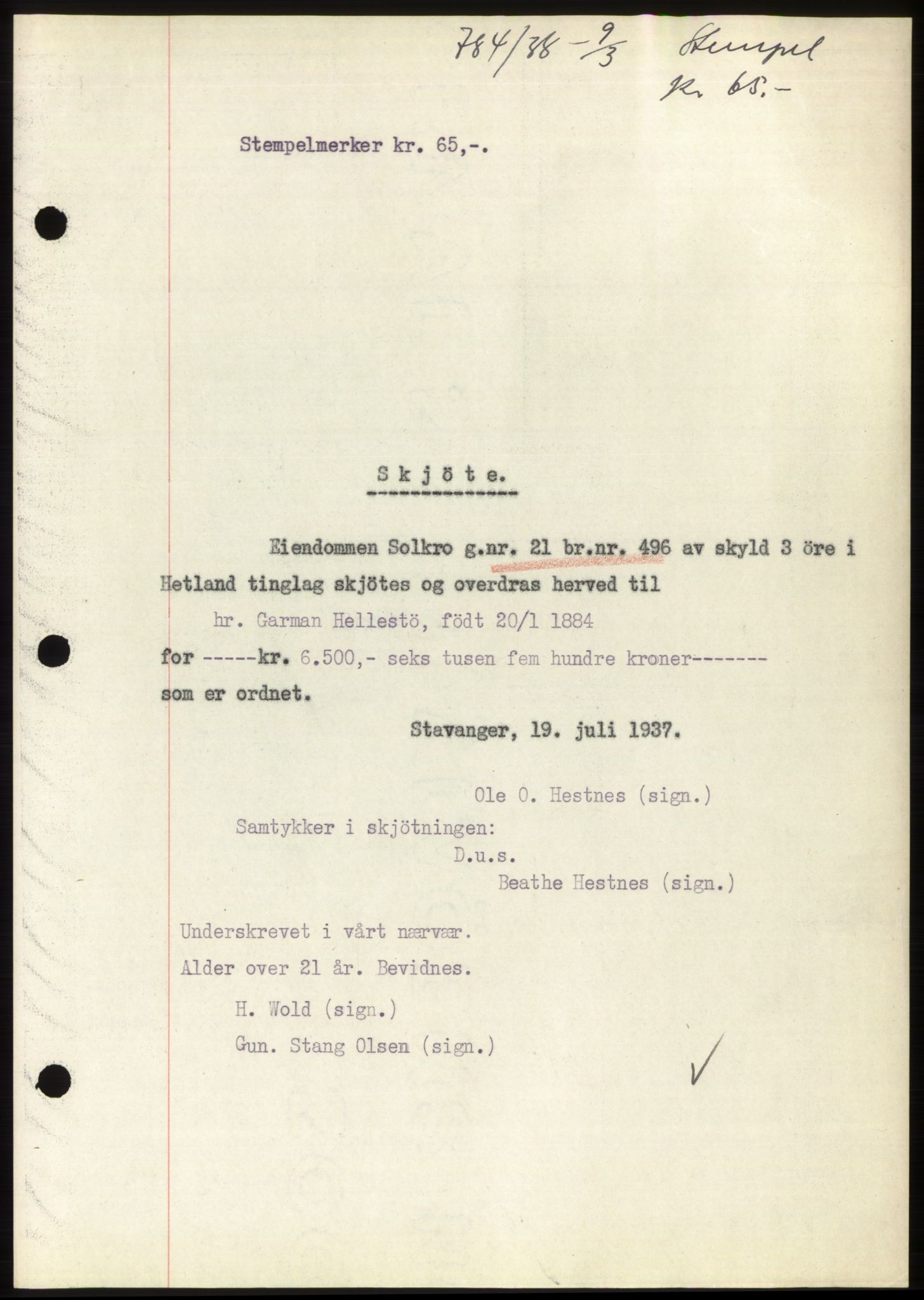 Jæren sorenskriveri, SAST/A-100310/03/G/Gba/L0070: Mortgage book, 1938-1938, Diary no: : 784/1938
