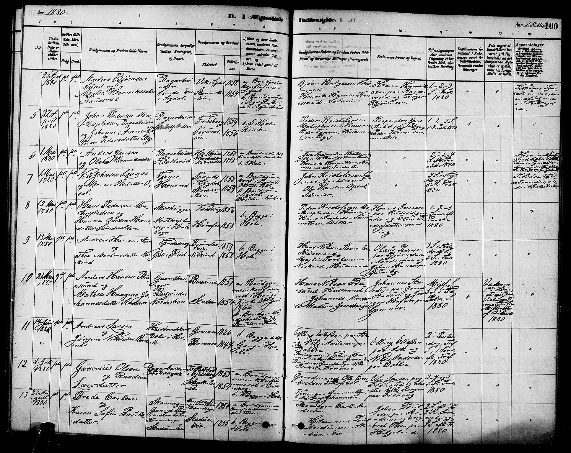 Hole kirkebøker, SAKO/A-228/F/Fa/L0008: Parish register (official) no. I 8, 1878-1891, p. 160