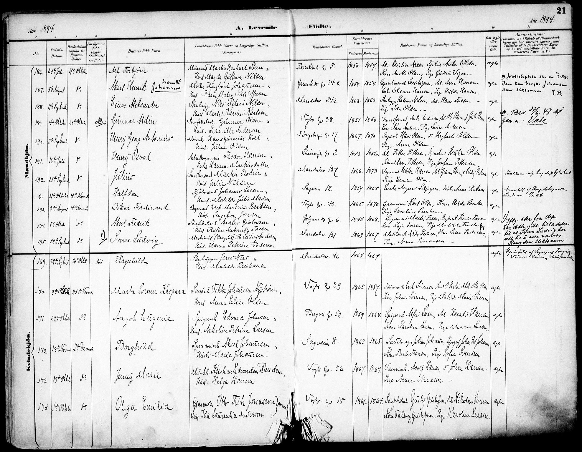 Sagene prestekontor Kirkebøker, AV/SAO-A-10796/F/L0004: Parish register (official) no. 4, 1894-1904, p. 21