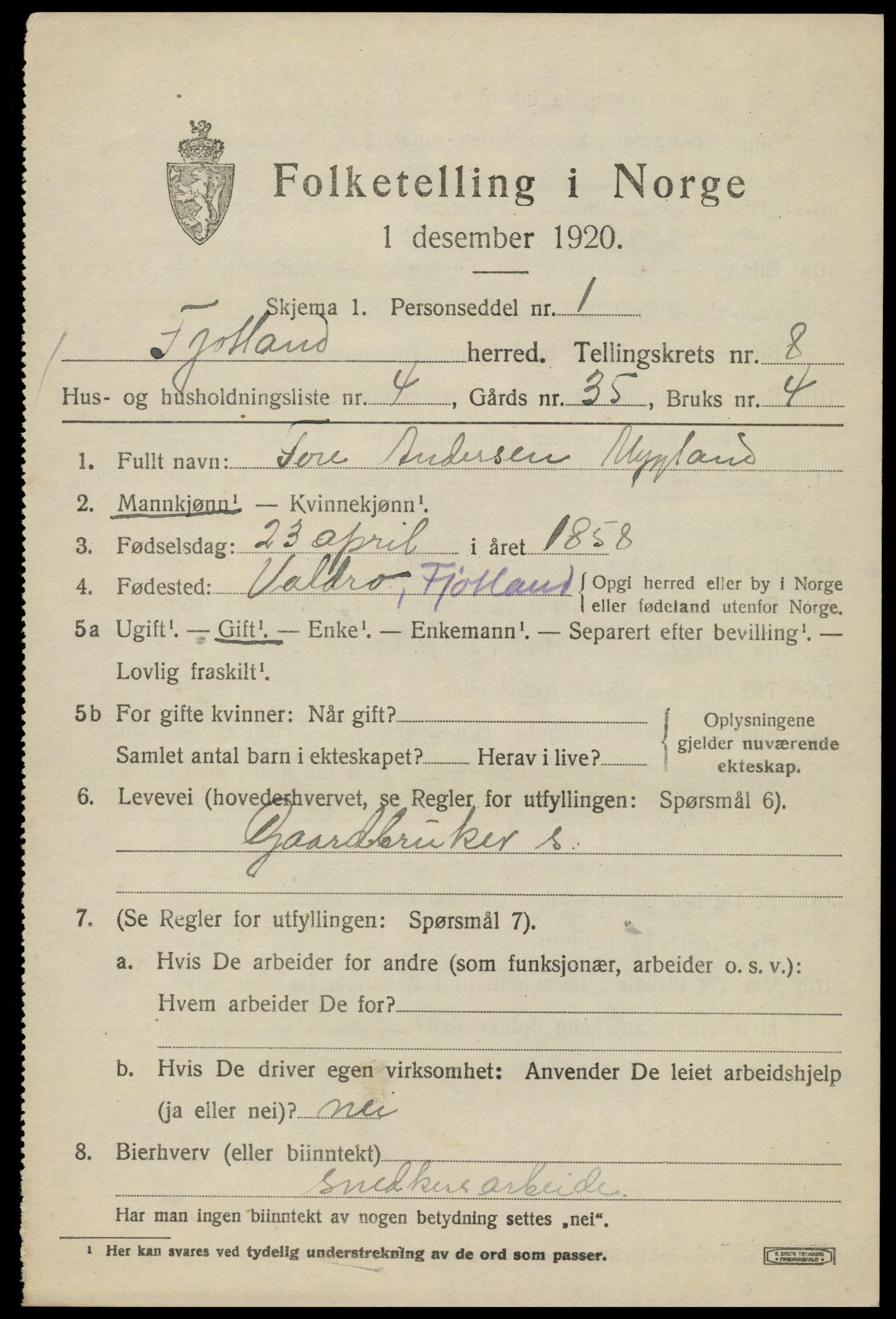 SAK, 1920 census for Fjotland, 1920, p. 2034