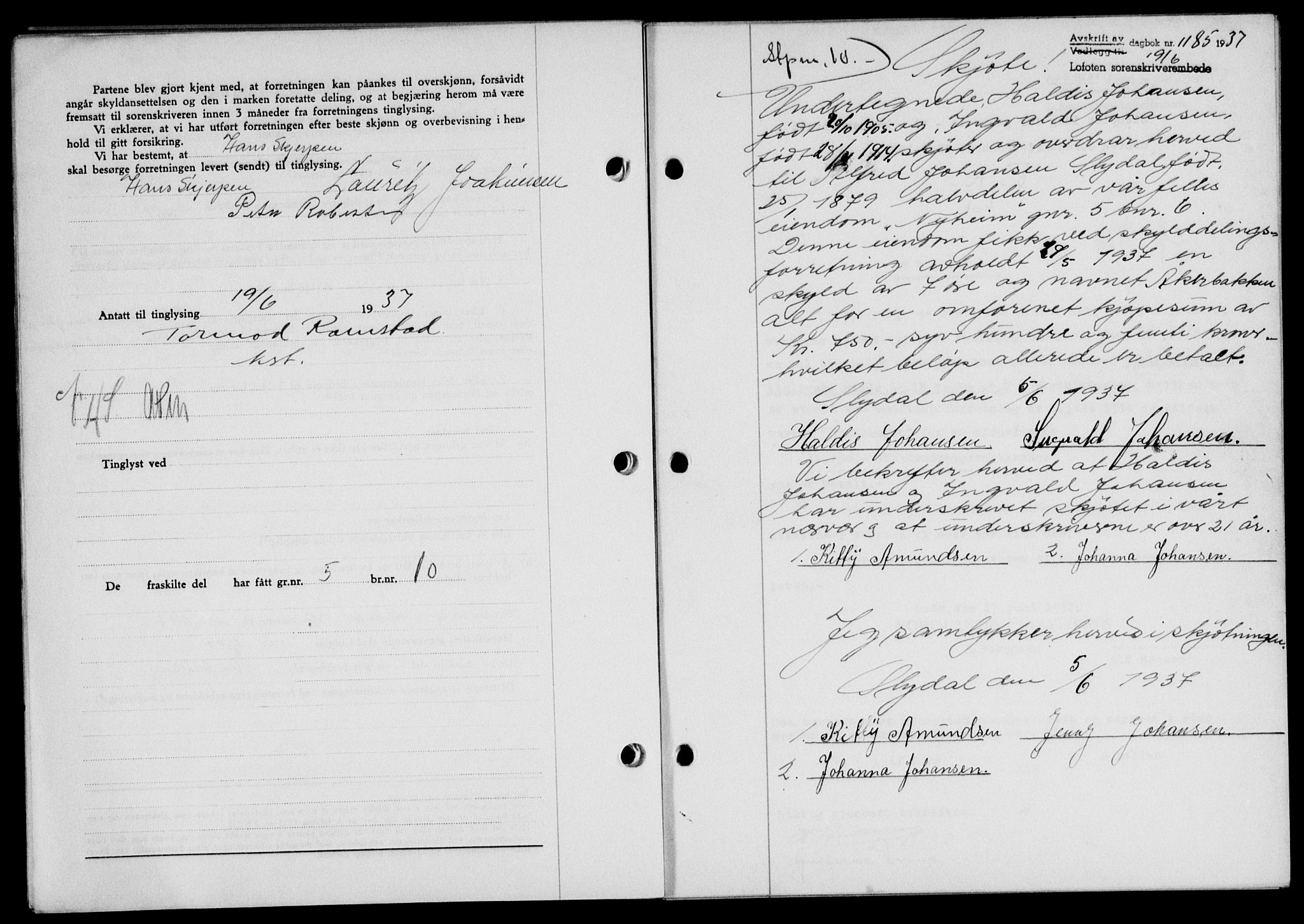 Lofoten sorenskriveri, SAT/A-0017/1/2/2C/L0002a: Mortgage book no. 2a, 1937-1937, Diary no: : 1185/1937