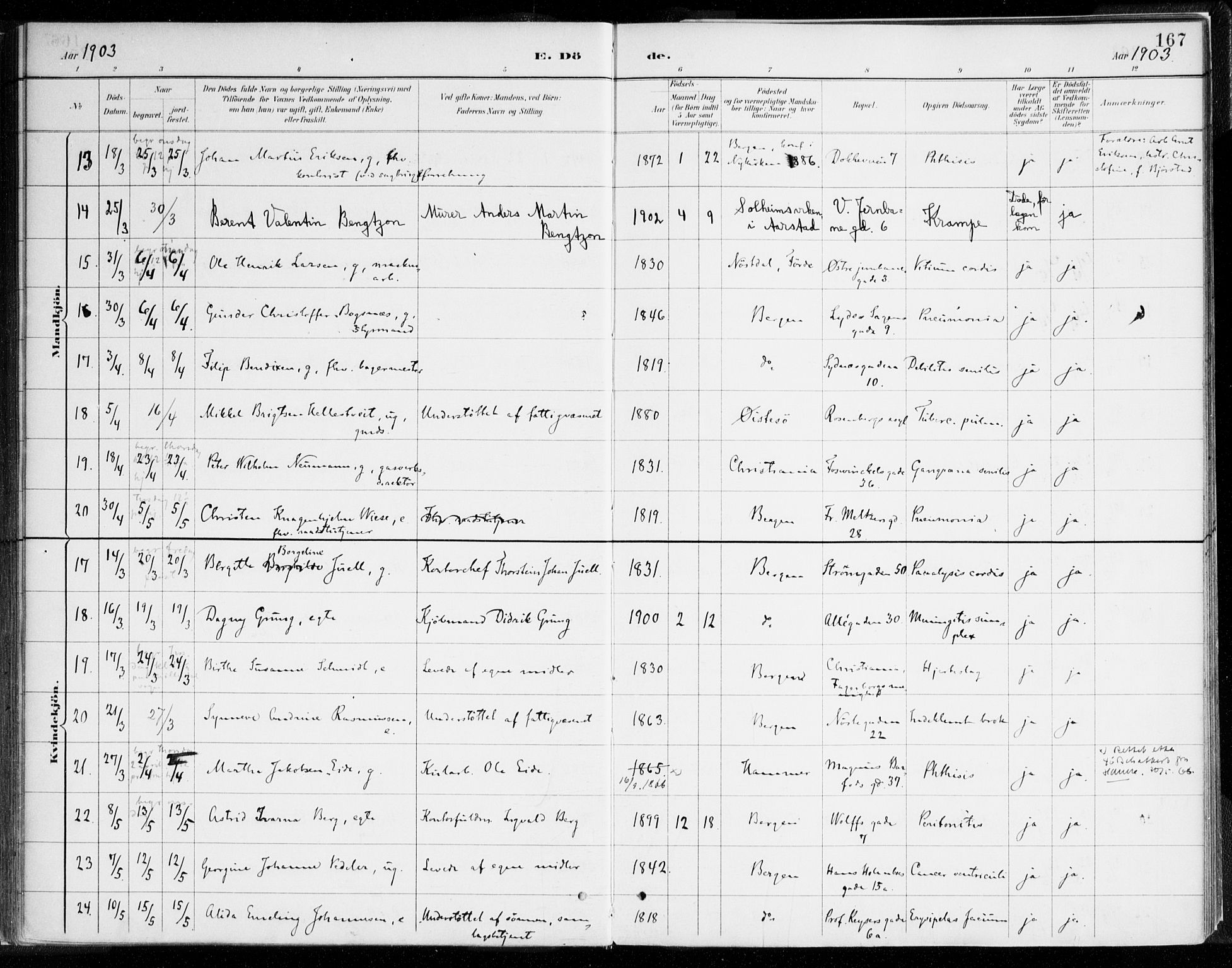 Johanneskirken sokneprestembete, AV/SAB-A-76001/H/Haa/L0019: Parish register (official) no. E 1, 1885-1915, p. 167