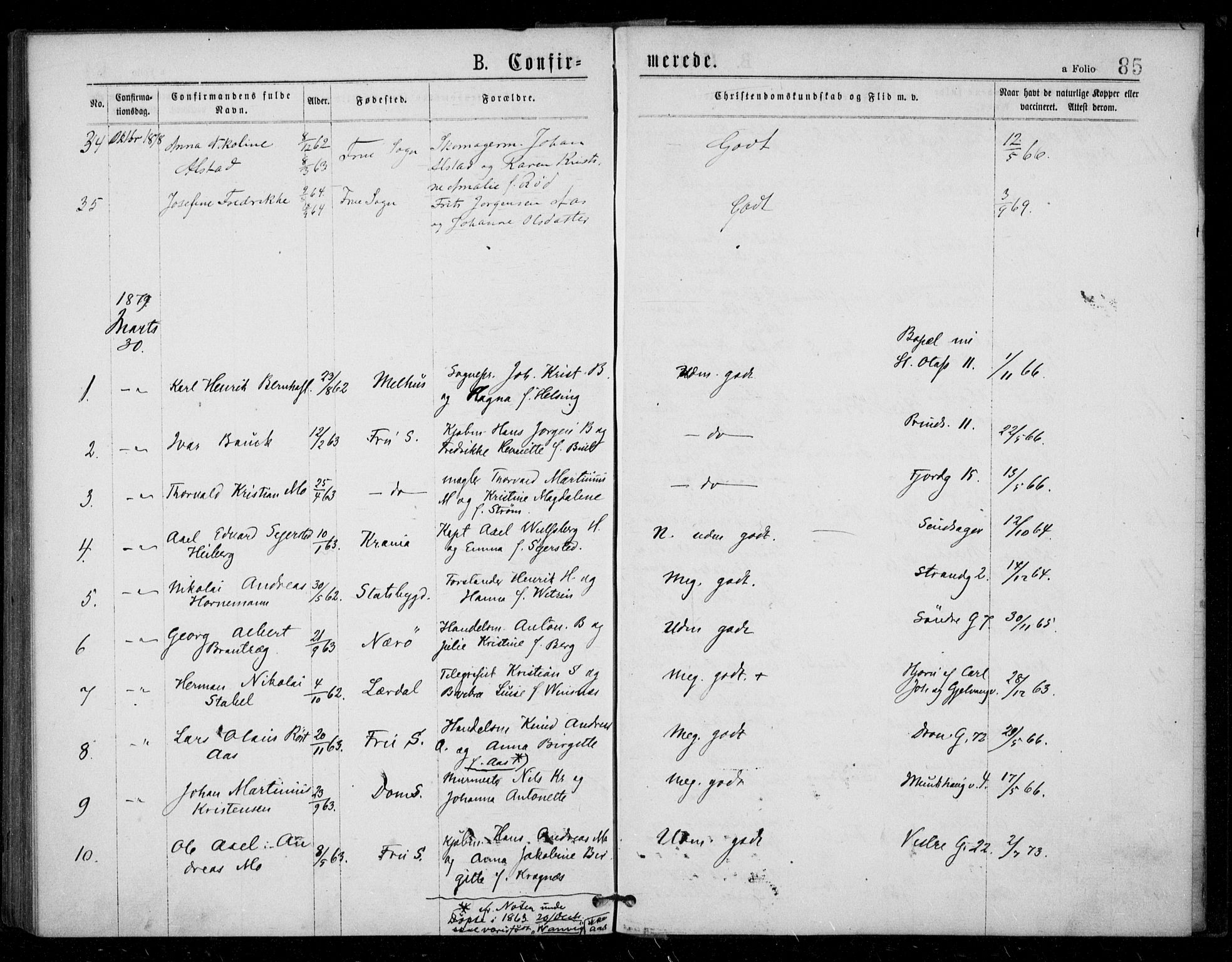 Ministerialprotokoller, klokkerbøker og fødselsregistre - Sør-Trøndelag, SAT/A-1456/602/L0121: Parish register (official) no. 602A19, 1872-1879, p. 85