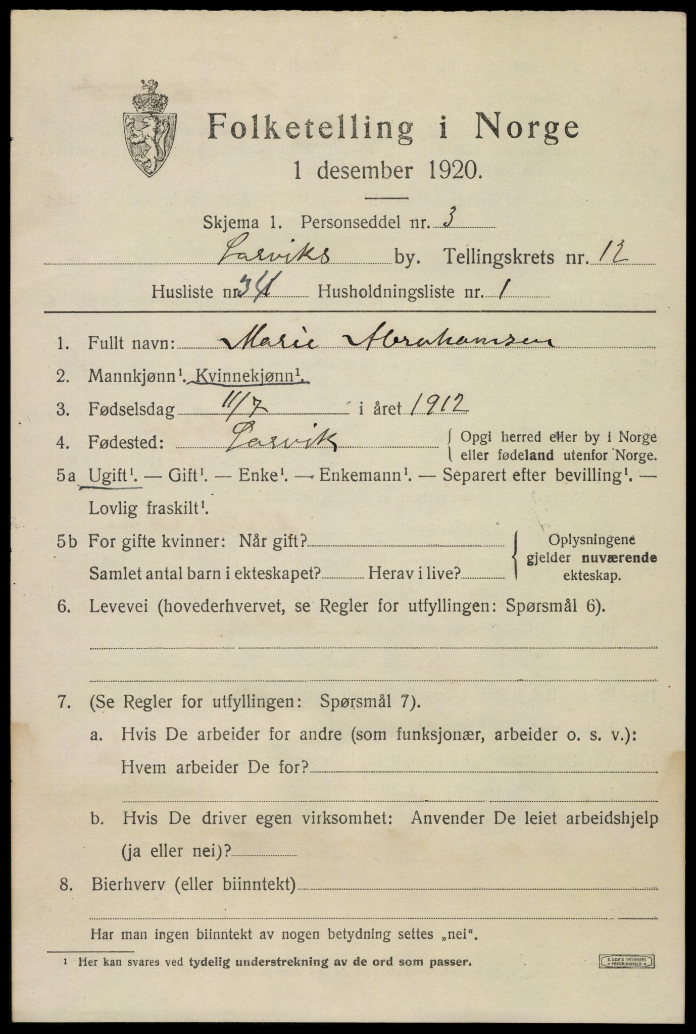 SAKO, 1920 census for Larvik, 1920, p. 31030