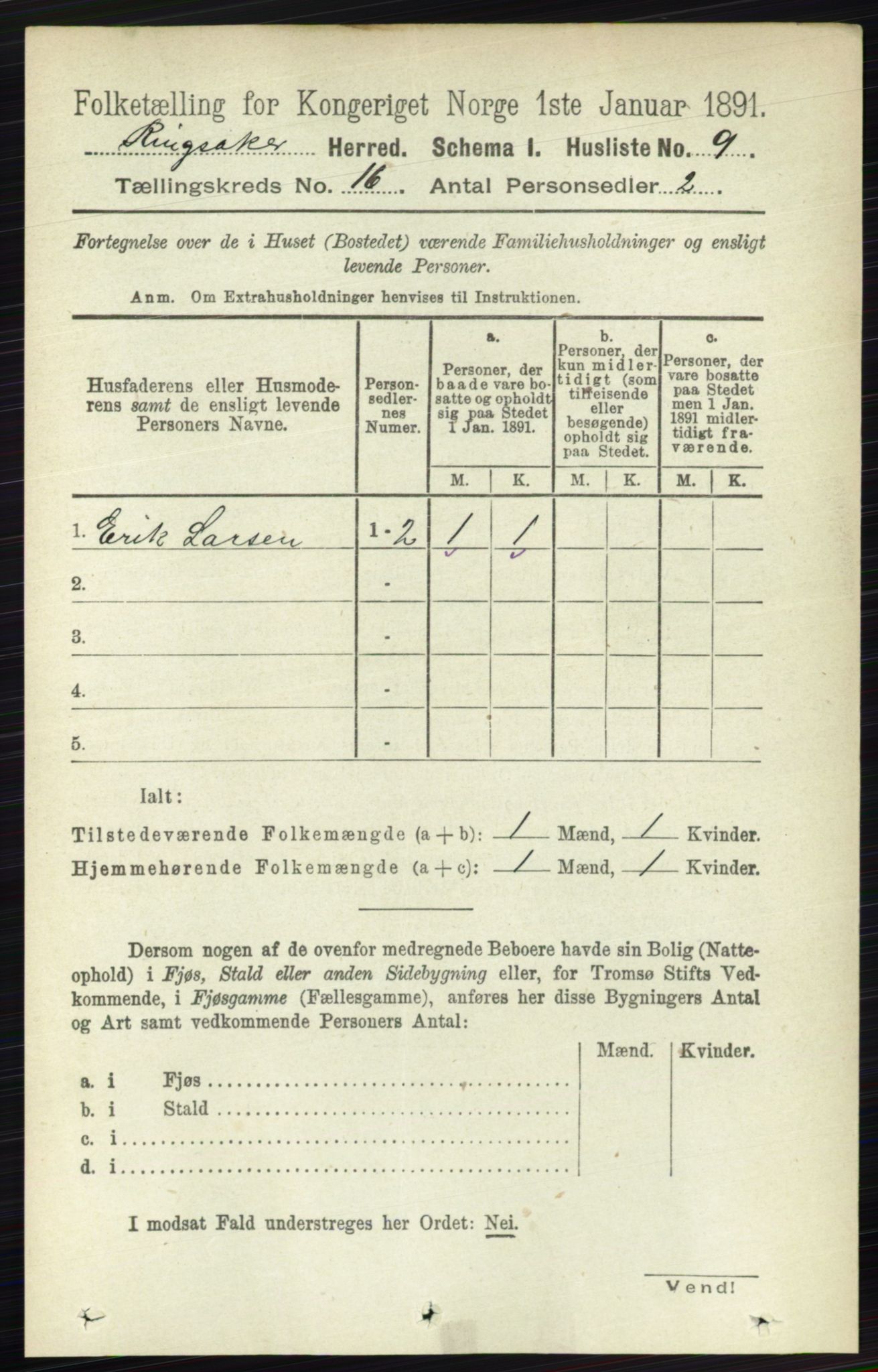 RA, 1891 census for 0412 Ringsaker, 1891, p. 8994