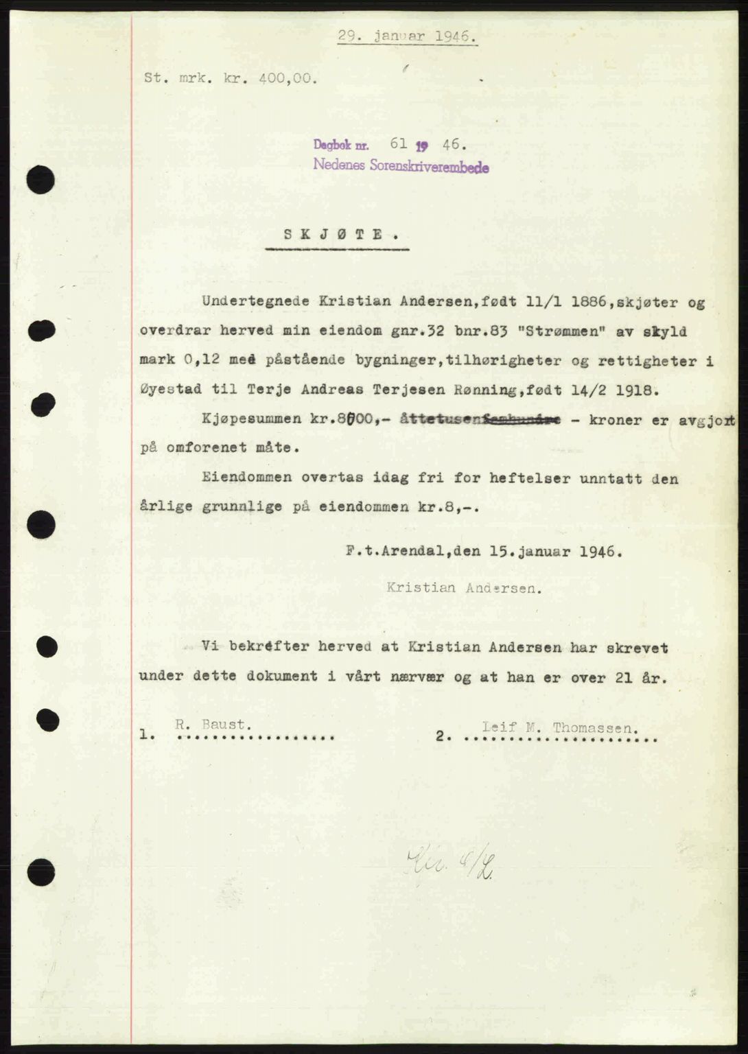 Nedenes sorenskriveri, AV/SAK-1221-0006/G/Gb/Gba/L0054: Mortgage book no. A6c, 1946-1946, Diary no: : 61/1946