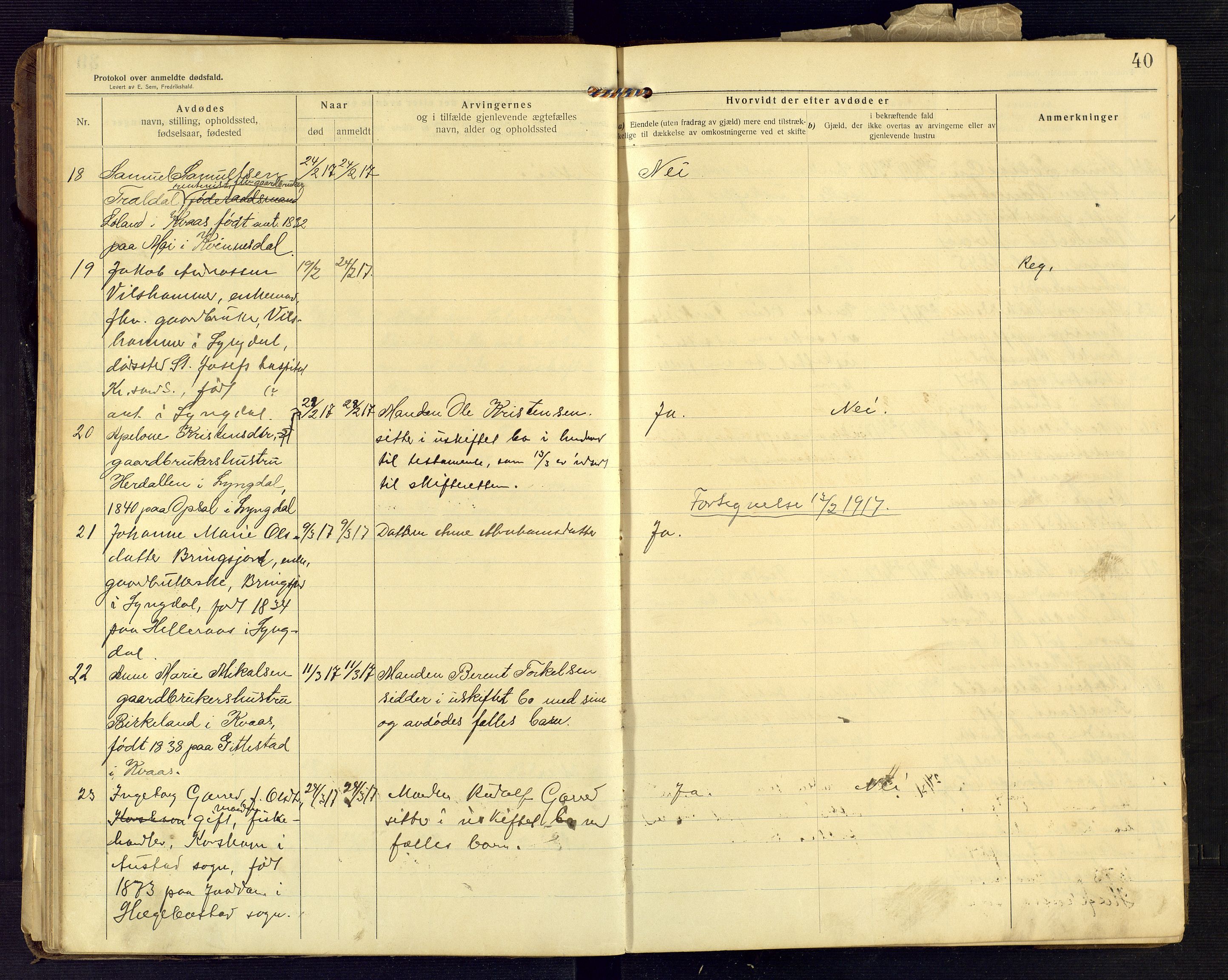 Lyngdal lensmannskontor, AV/SAK-1241-0031/F/Fe/L0001/0003: Dødsfall nr 8 / Dødsfallsprotokoll, 1914-1923, p. 40