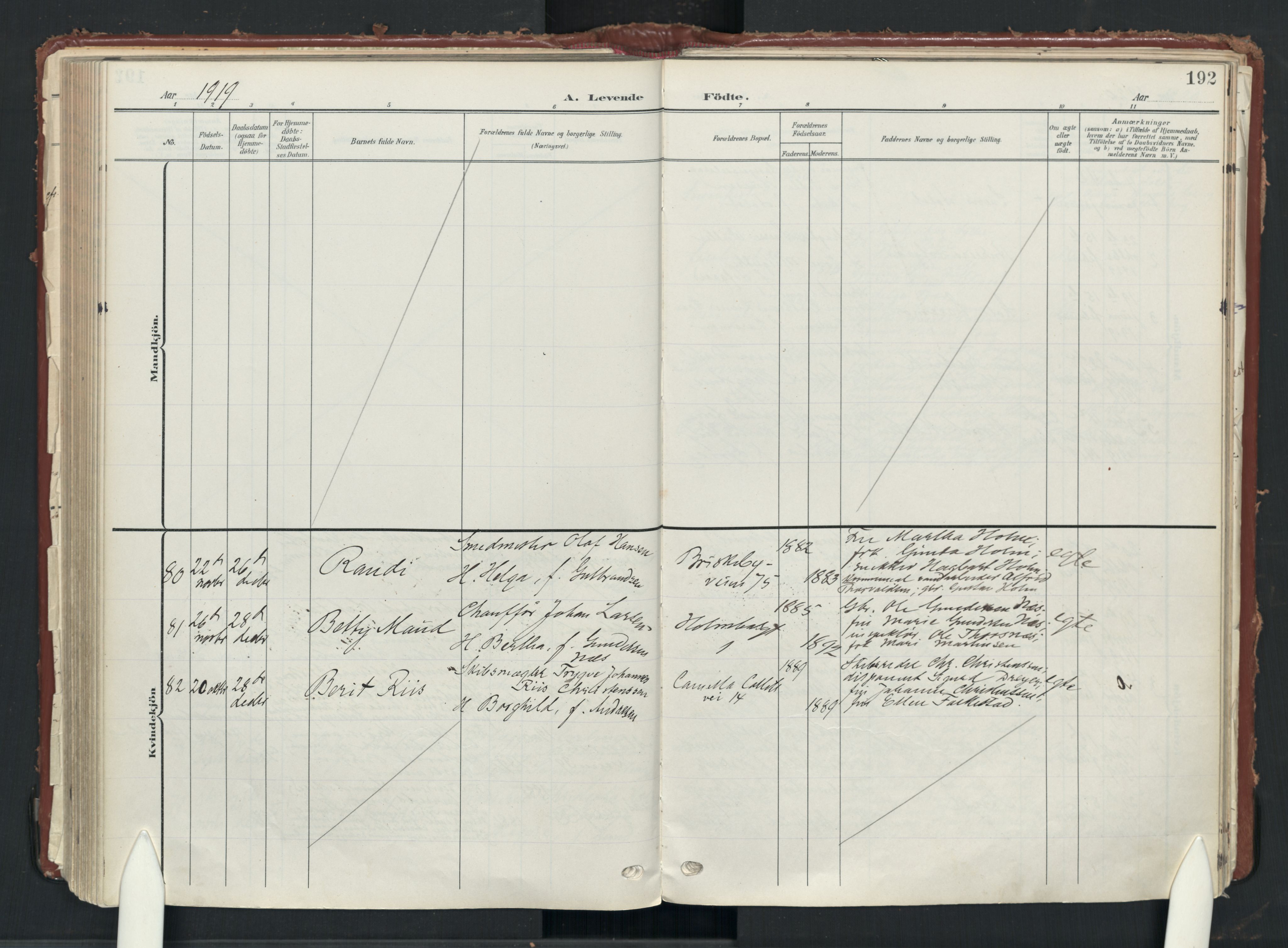 Uranienborg prestekontor Kirkebøker, AV/SAO-A-10877/F/Fa/L0010: Parish register (official) no. 10, 1907-1928, p. 192