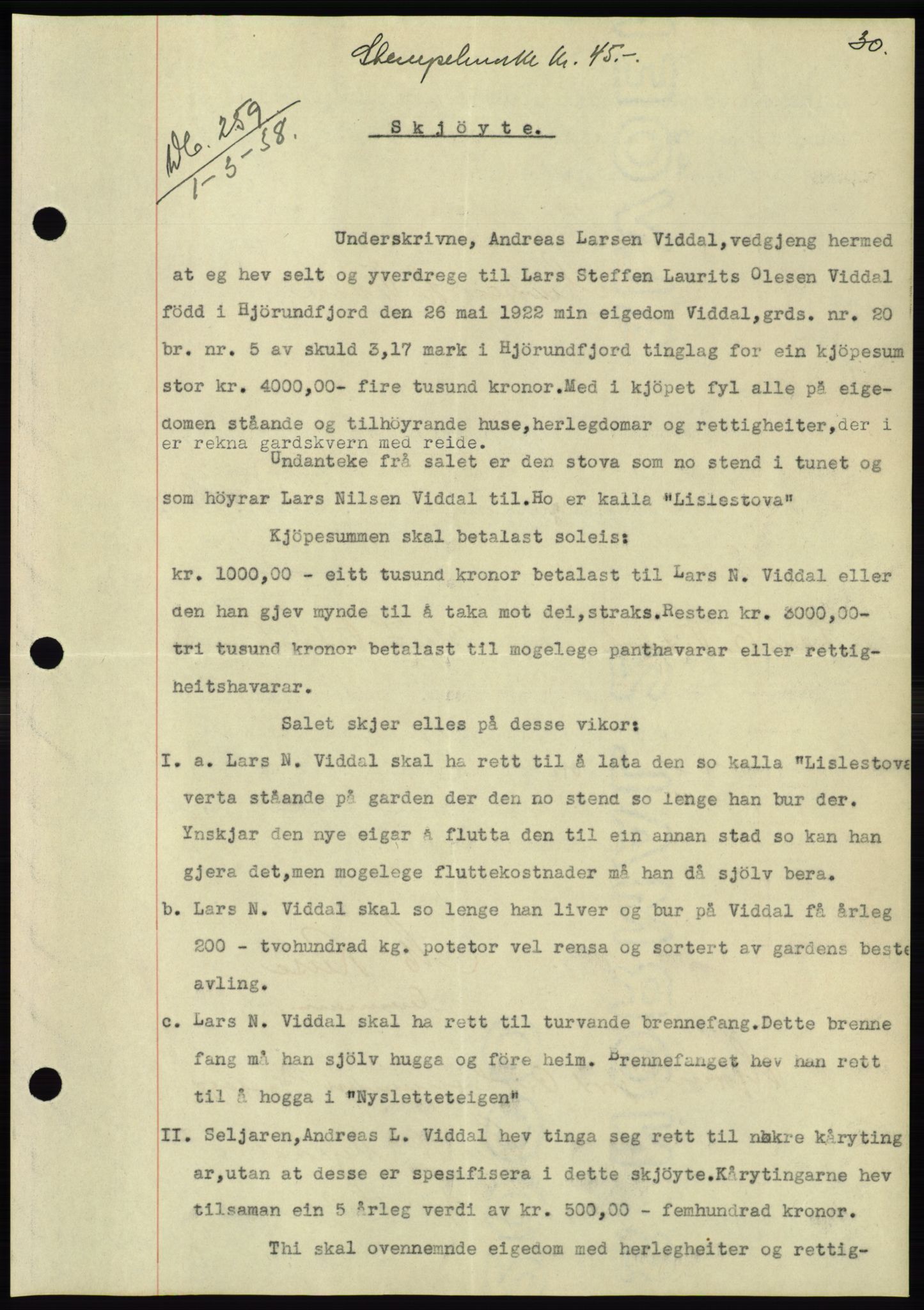 Søre Sunnmøre sorenskriveri, AV/SAT-A-4122/1/2/2C/L0065: Mortgage book no. 59, 1938-1938, Diary no: : 259/1938