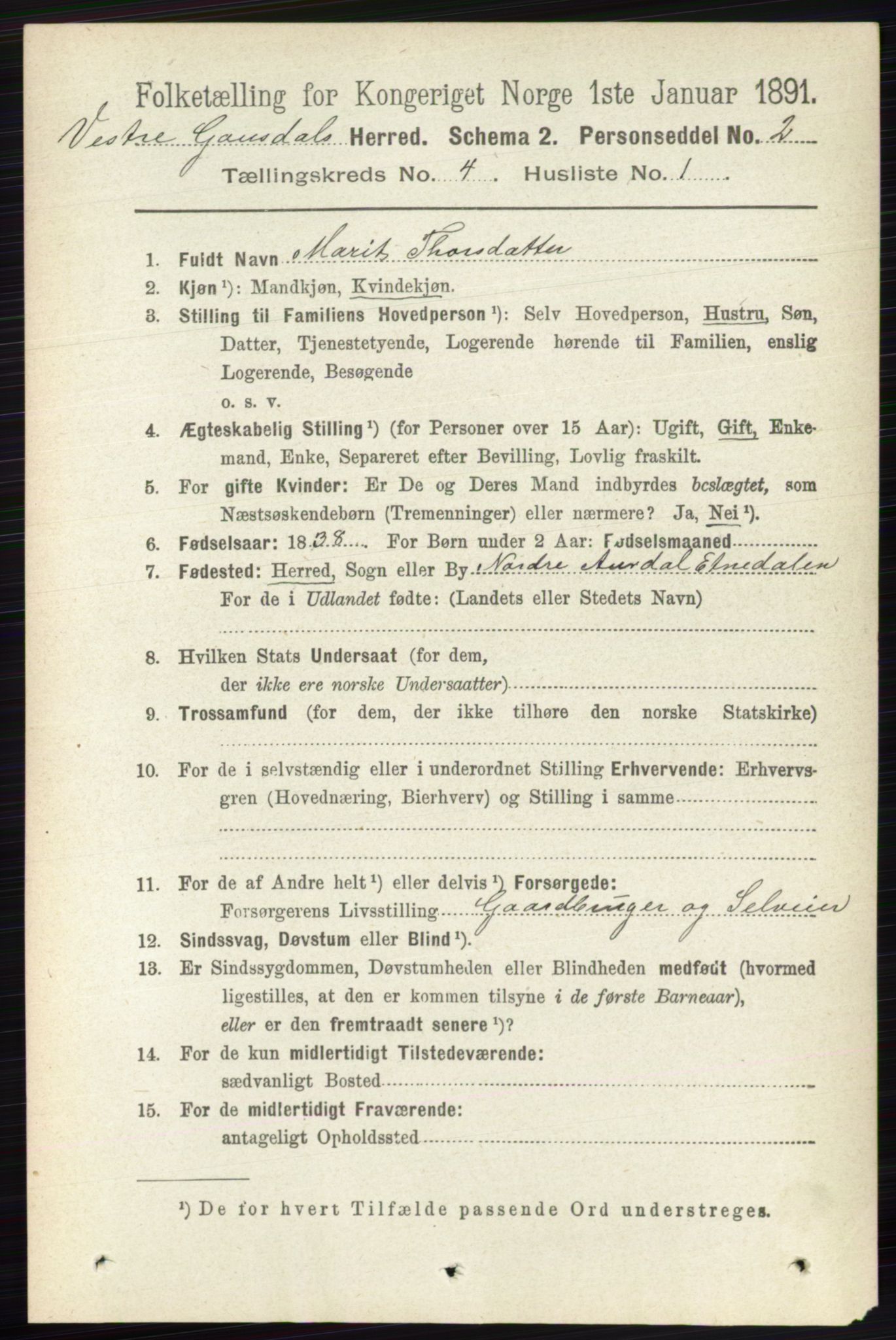 RA, 1891 census for 0523 Vestre Gausdal, 1891, p. 1712