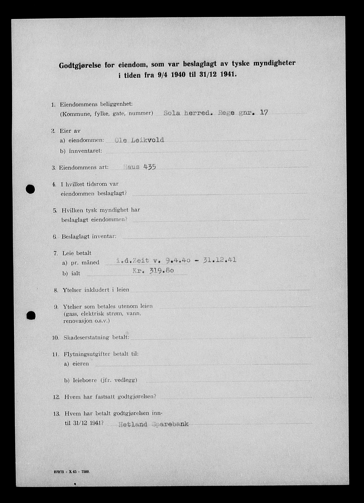 Justisdepartementet, Tilbakeføringskontoret for inndratte formuer, AV/RA-S-1564/I/L1014: Godtgjørelse for beslaglagt eiendom, 1940-1941, p. 495