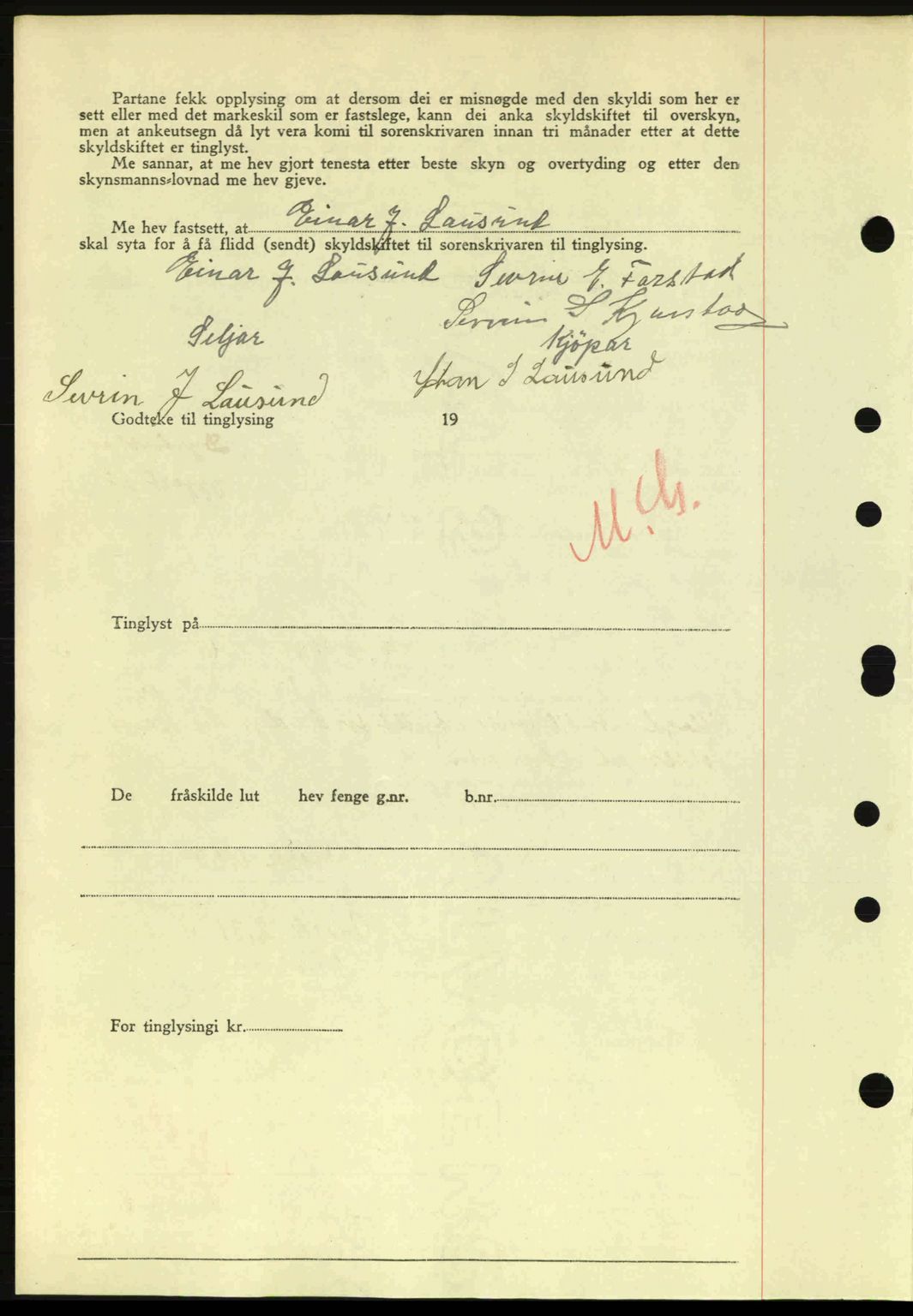 Nordre Sunnmøre sorenskriveri, AV/SAT-A-0006/1/2/2C/2Ca: Mortgage book no. A20a, 1945-1945, Diary no: : 1073/1945