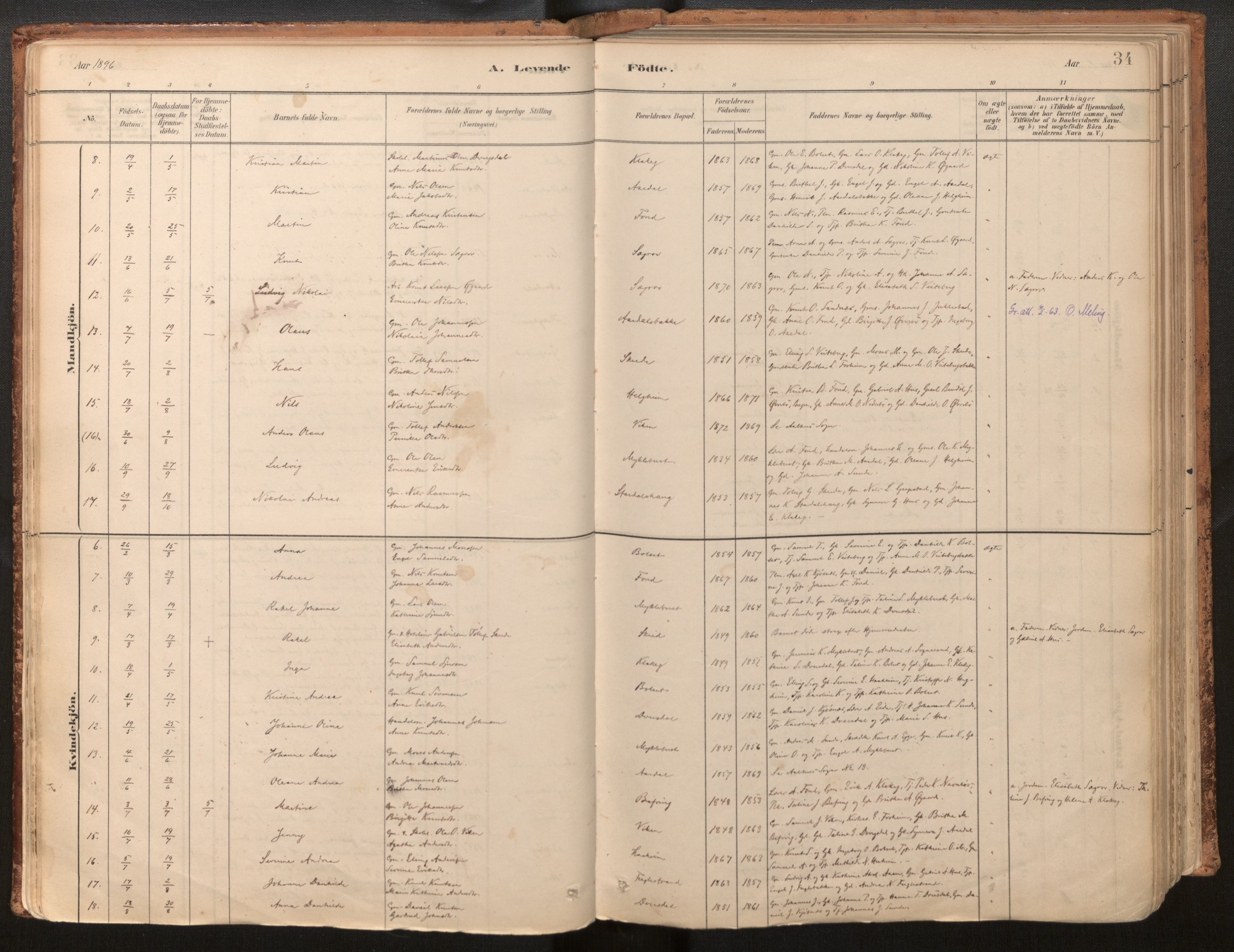 Jølster sokneprestembete, SAB/A-80701/H/Haa/Haac/L0001: Parish register (official) no. C 1, 1882-1928, p. 34