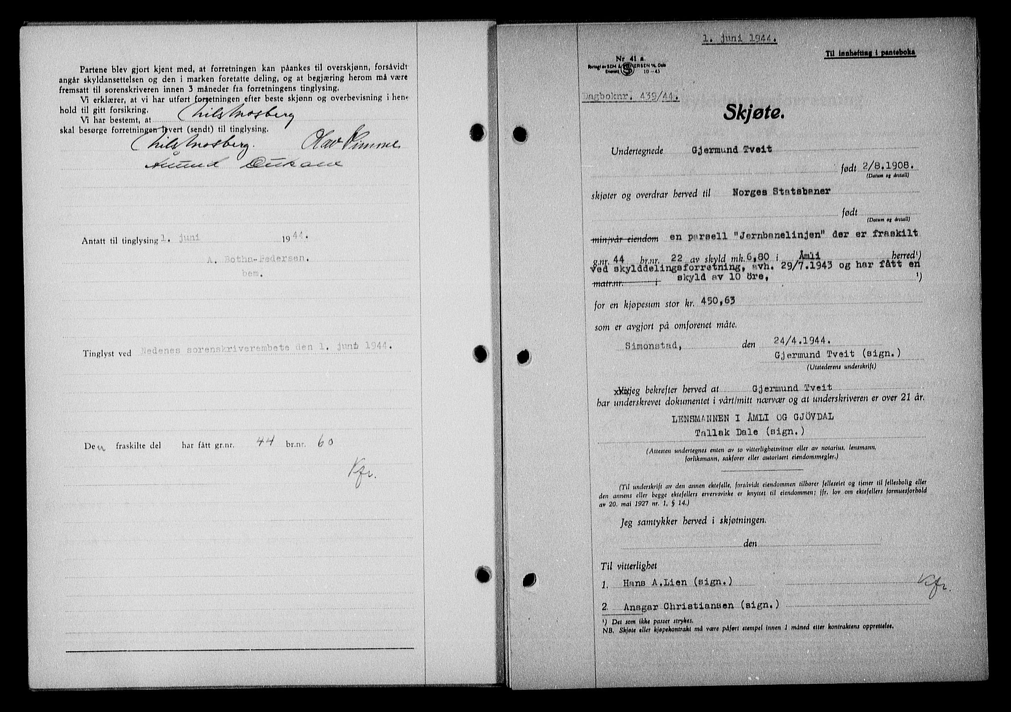 Nedenes sorenskriveri, SAK/1221-0006/G/Gb/Gba/L0051: Mortgage book no. A-V, 1943-1944, Diary no: : 439/1944