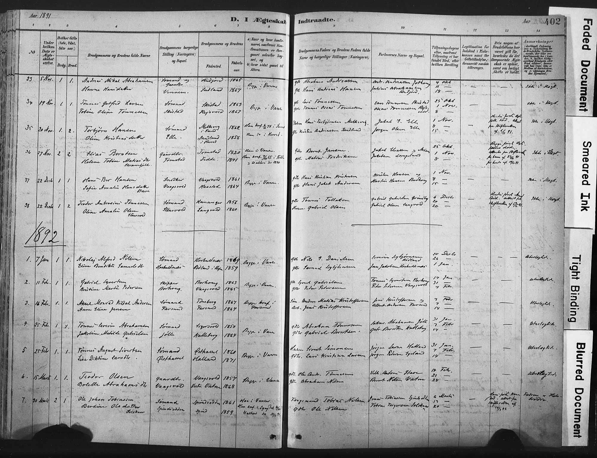 Lista sokneprestkontor, AV/SAK-1111-0027/F/Fa/L0012: Parish register (official) no. A 12, 1879-1903, p. 402