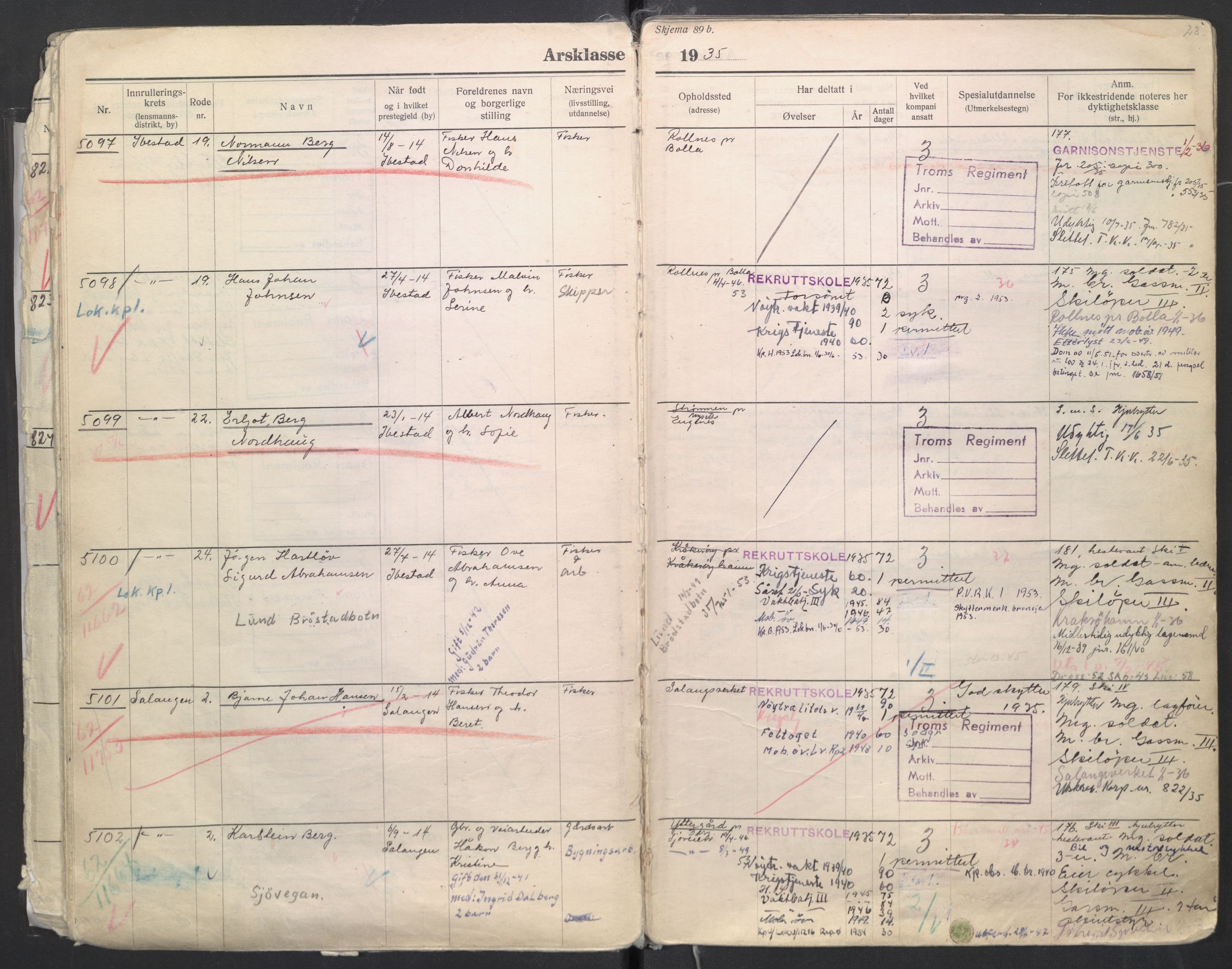Forsvaret, Troms infanteriregiment nr. 16, AV/RA-RAFA-3146/P/Pa/L0006/0008: Ruller / Rulle for regimentets menige mannskaper, årsklasse 1935, 1935, p. 23