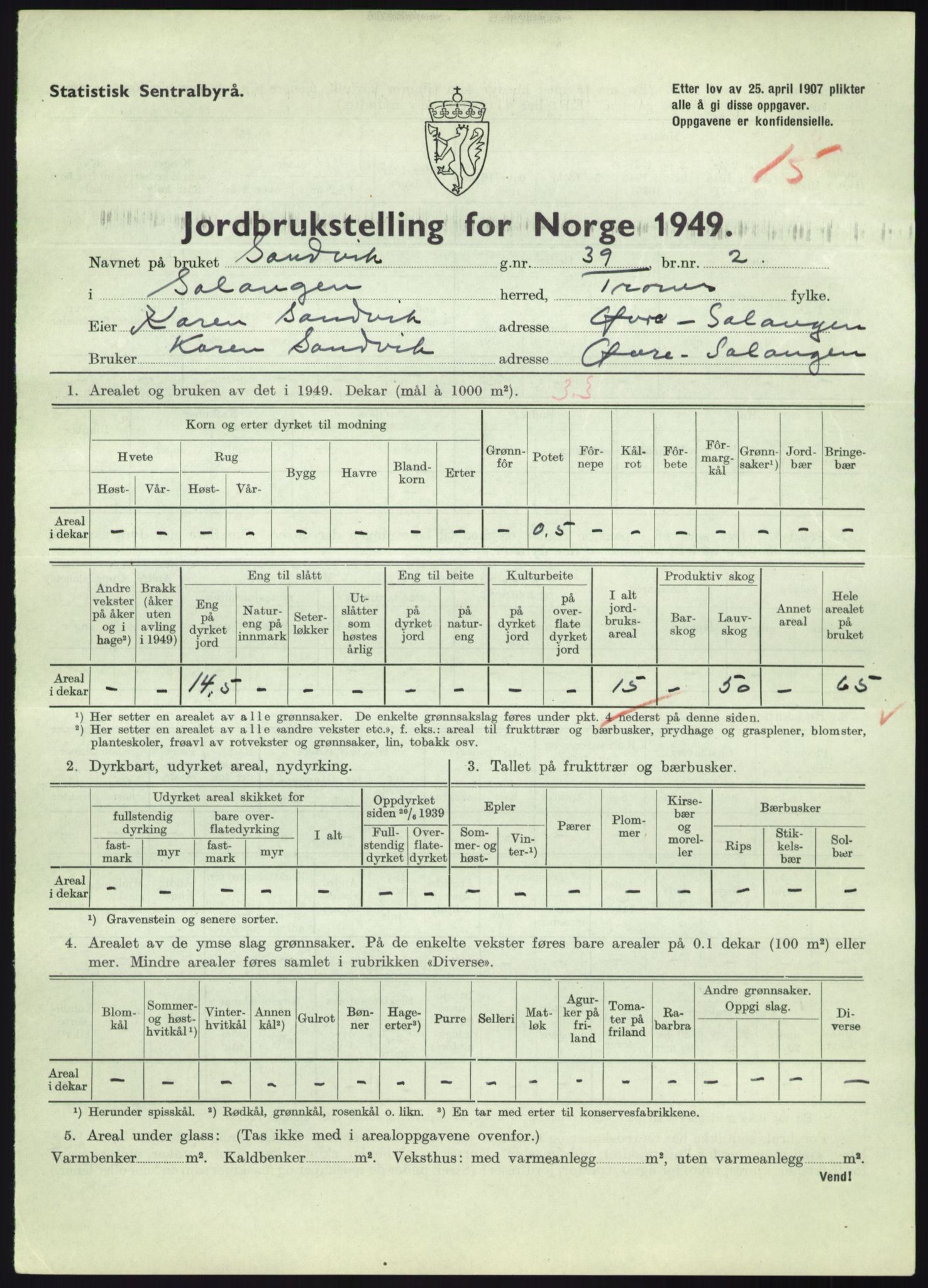 Statistisk sentralbyrå, Næringsøkonomiske emner, Jordbruk, skogbruk, jakt, fiske og fangst, AV/RA-S-2234/G/Gc/L0438: Troms: Salangen og Bardu, 1949, p. 383