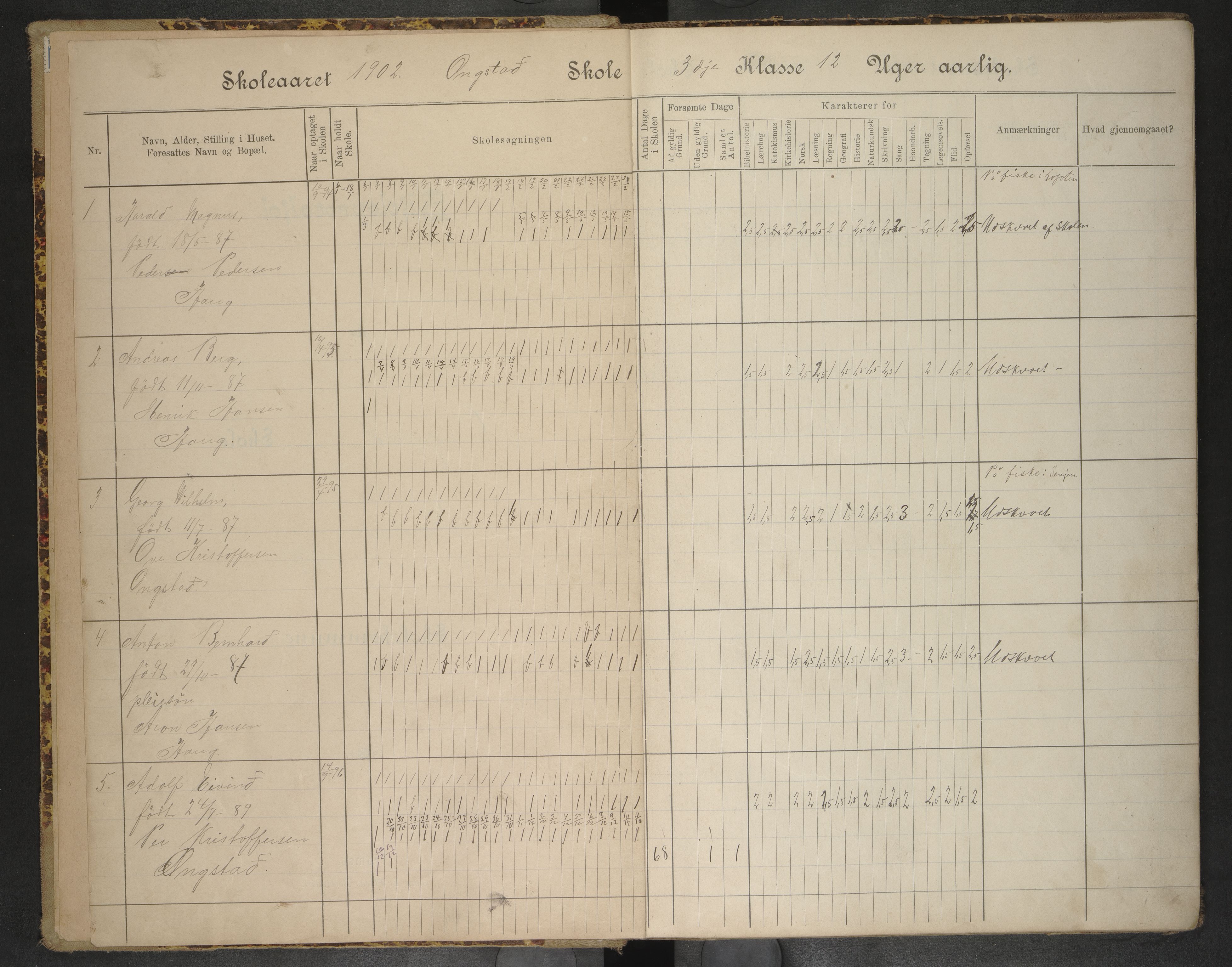 Hadsel kommune. Ongstad skolekrets, AIN/K-18660.510.26/F/Fa/L0002: Skoleprotokoll for Ongstad skole, 1902-1906