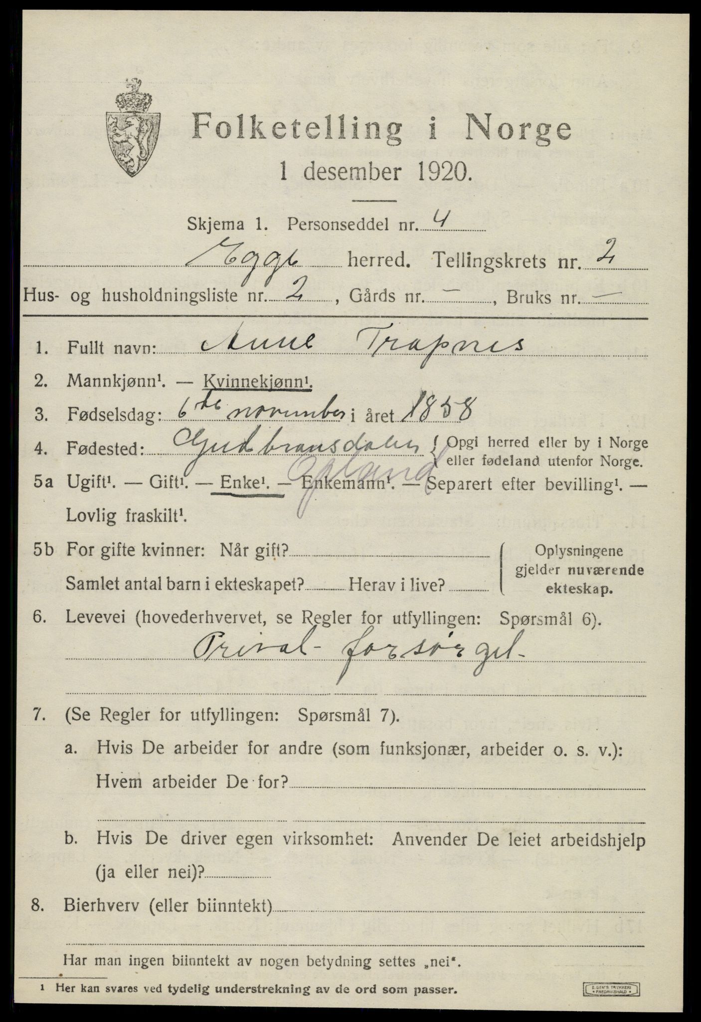 SAT, 1920 census for Egge, 1920, p. 1058