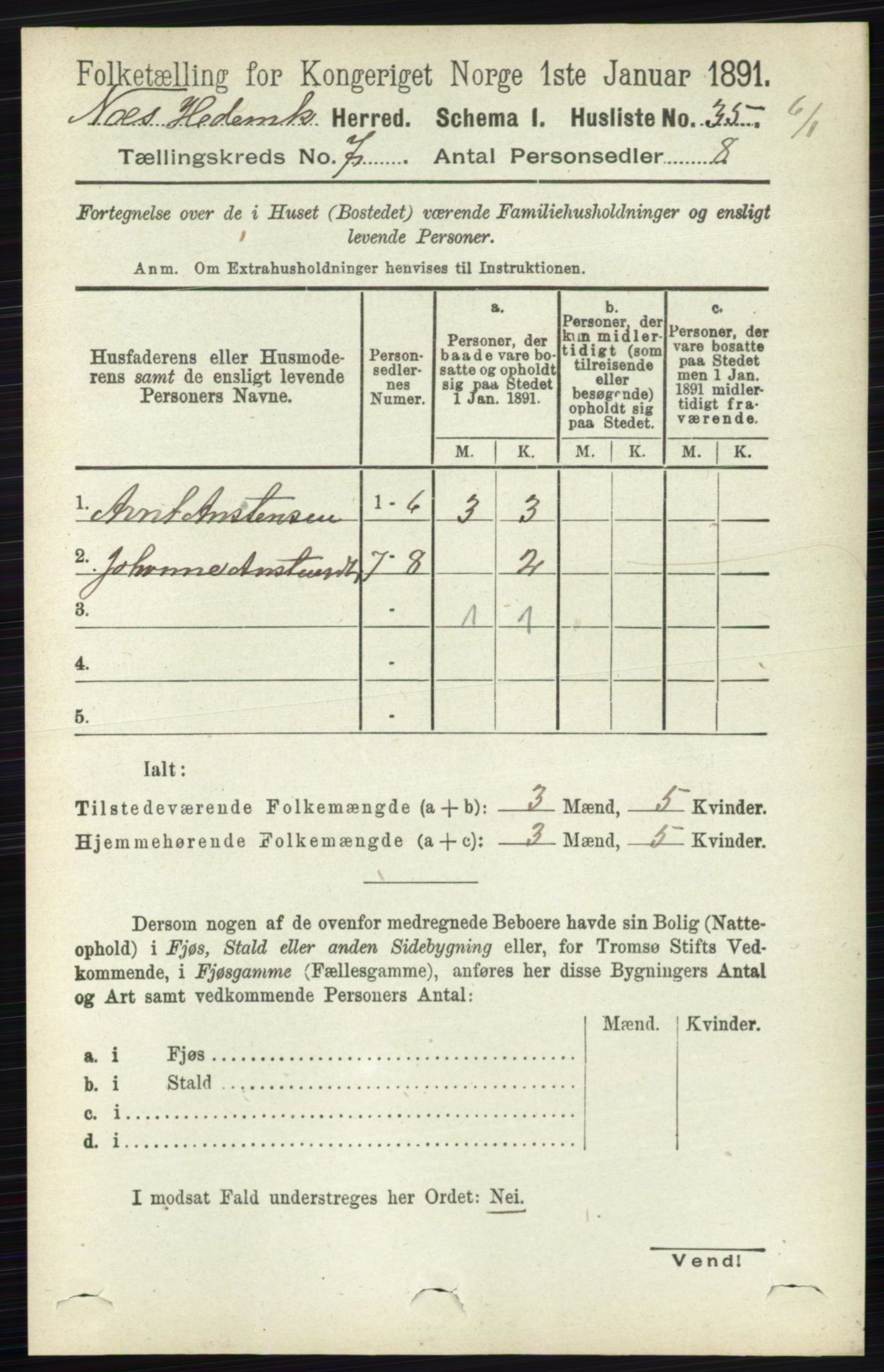 RA, 1891 census for 0411 Nes, 1891, p. 3863