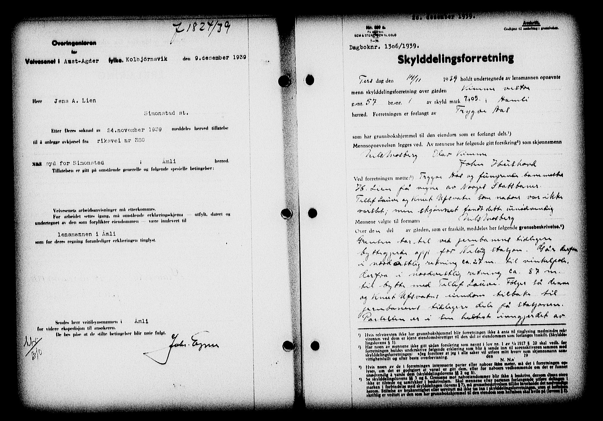 Nedenes sorenskriveri, SAK/1221-0006/G/Gb/Gba/L0047: Mortgage book no. A-I, 1939-1940, Diary no: : 1306/1939
