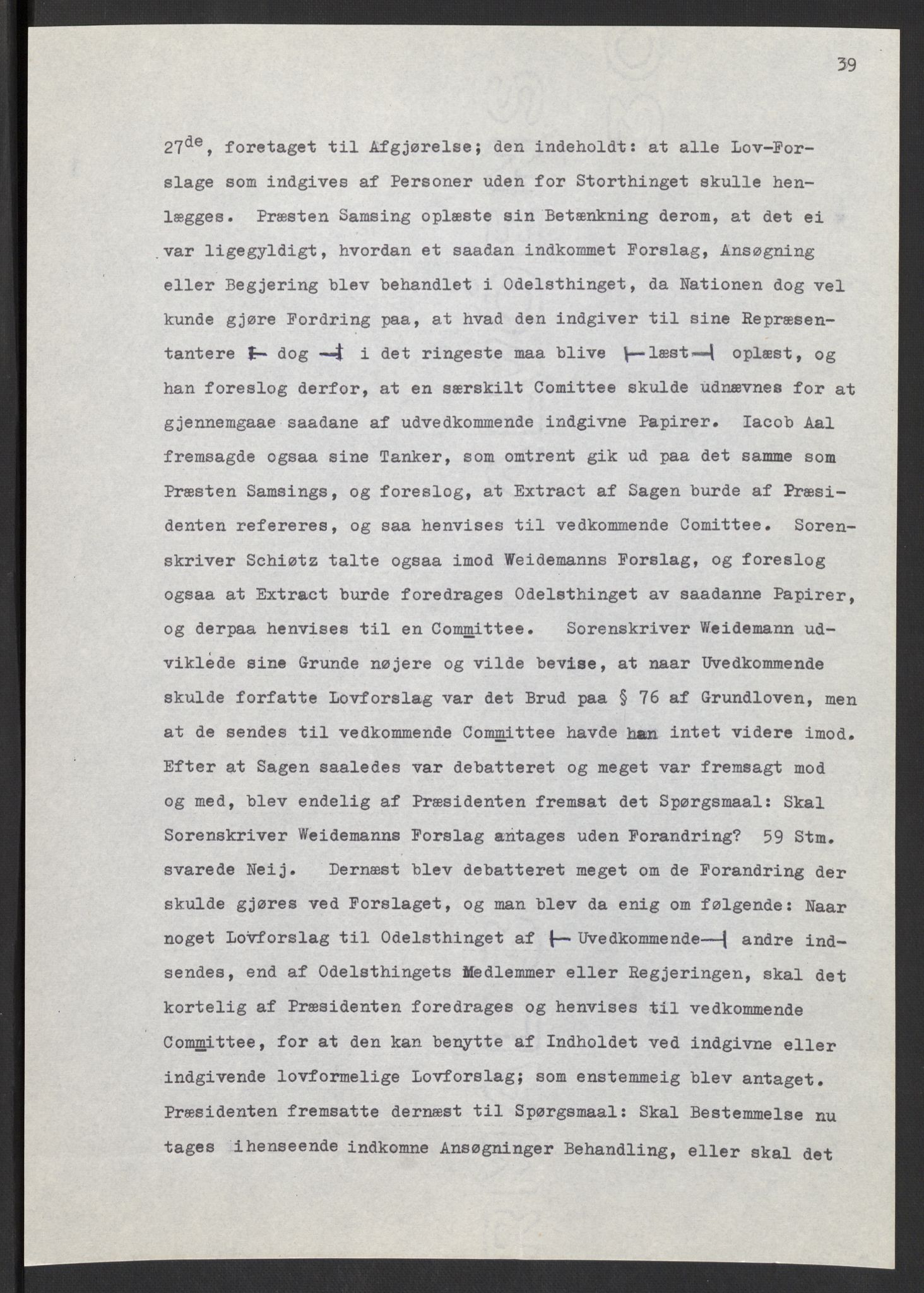 Manuskriptsamlingen, AV/RA-EA-3667/F/L0197: Wetlesen, Hans Jørgen (stortingsmann, ingeniørkaptein); Referat fra Stortinget 1815-1816, 1815-1816, p. 39