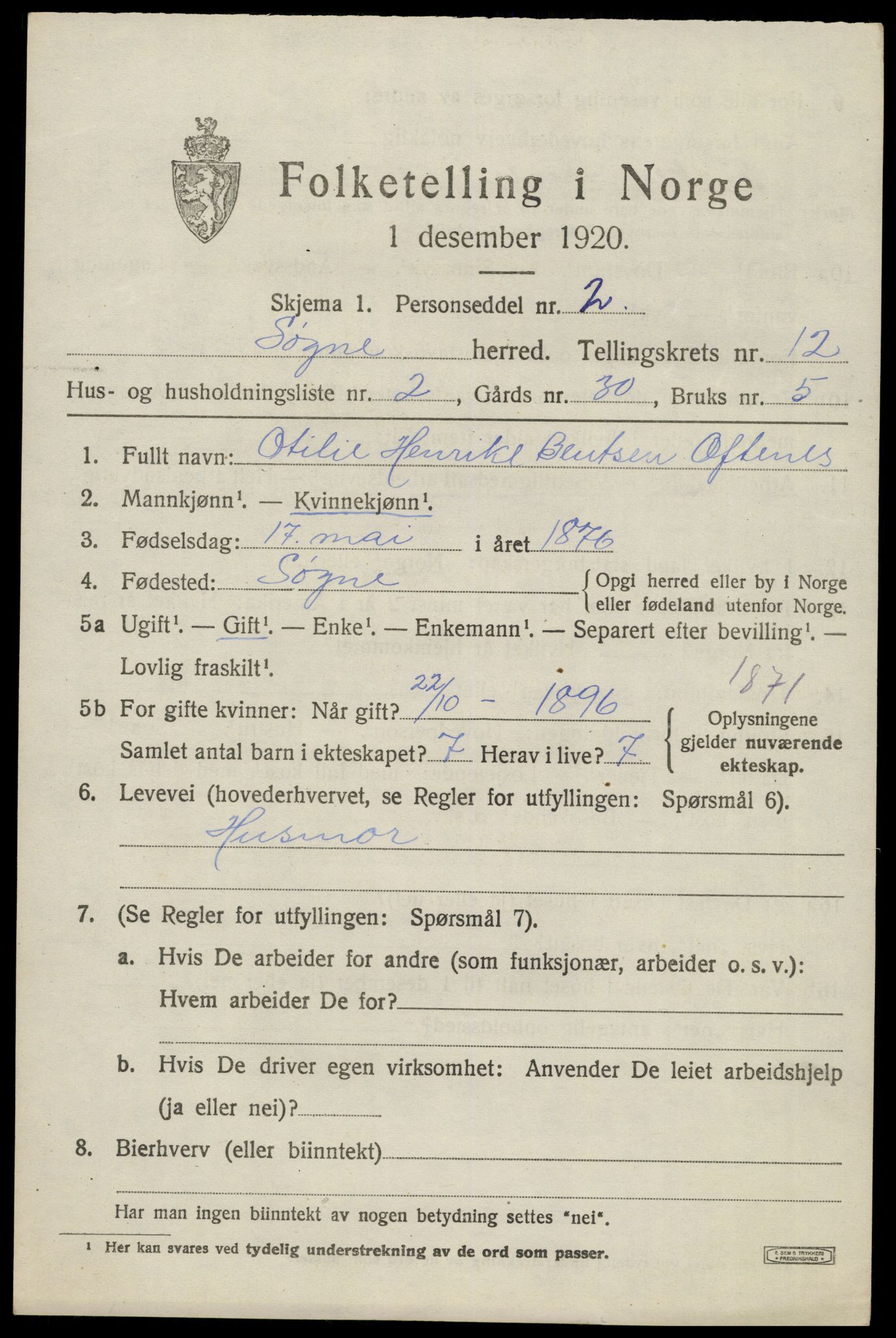 SAK, 1920 census for Søgne, 1920, p. 5933