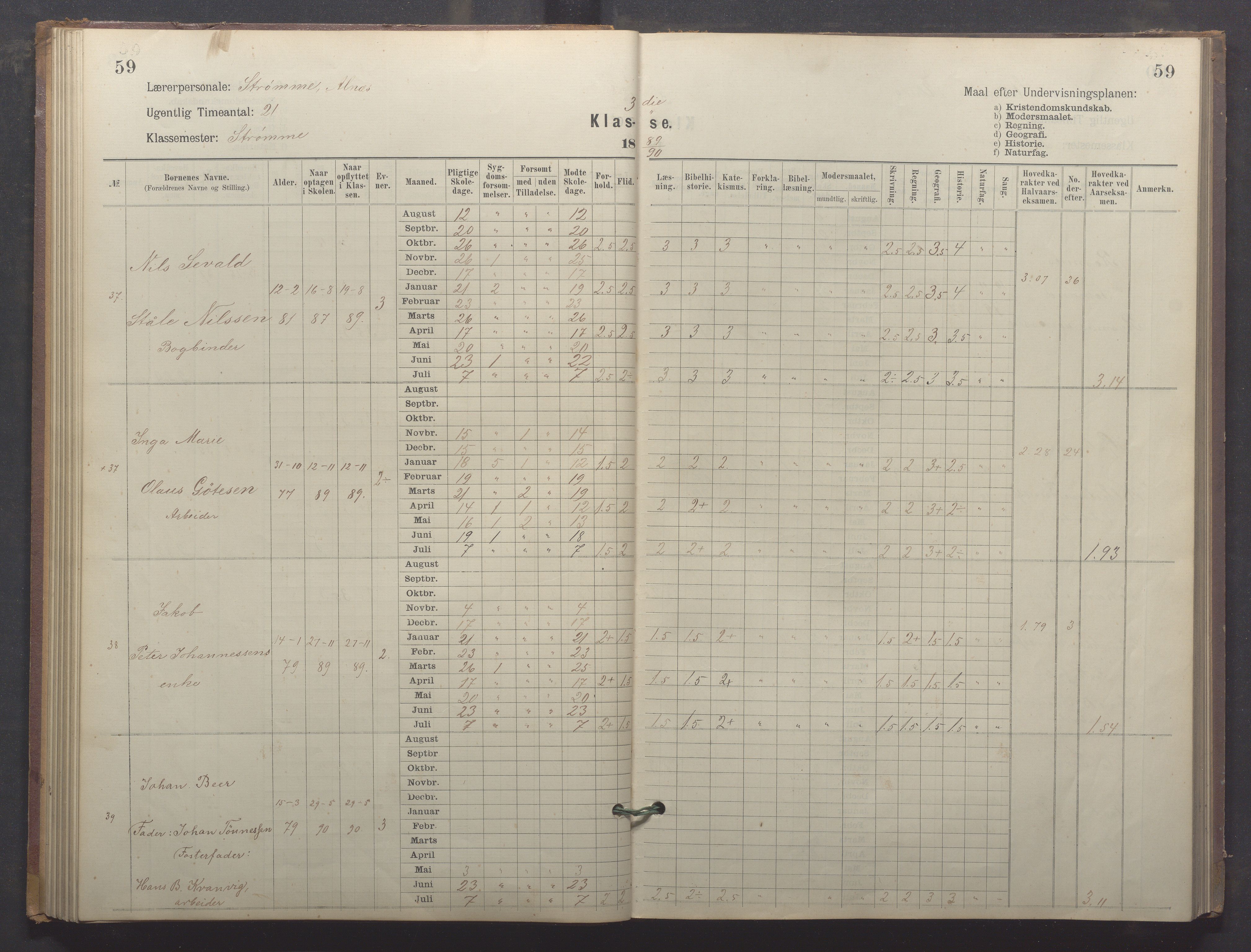 Egersund kommune (Ladested) - Egersund almueskole/folkeskole, IKAR/K-100521/H/L0024: Skoleprotokoll - Almueskolen, 3. klasse, 1887-1892, p. 59