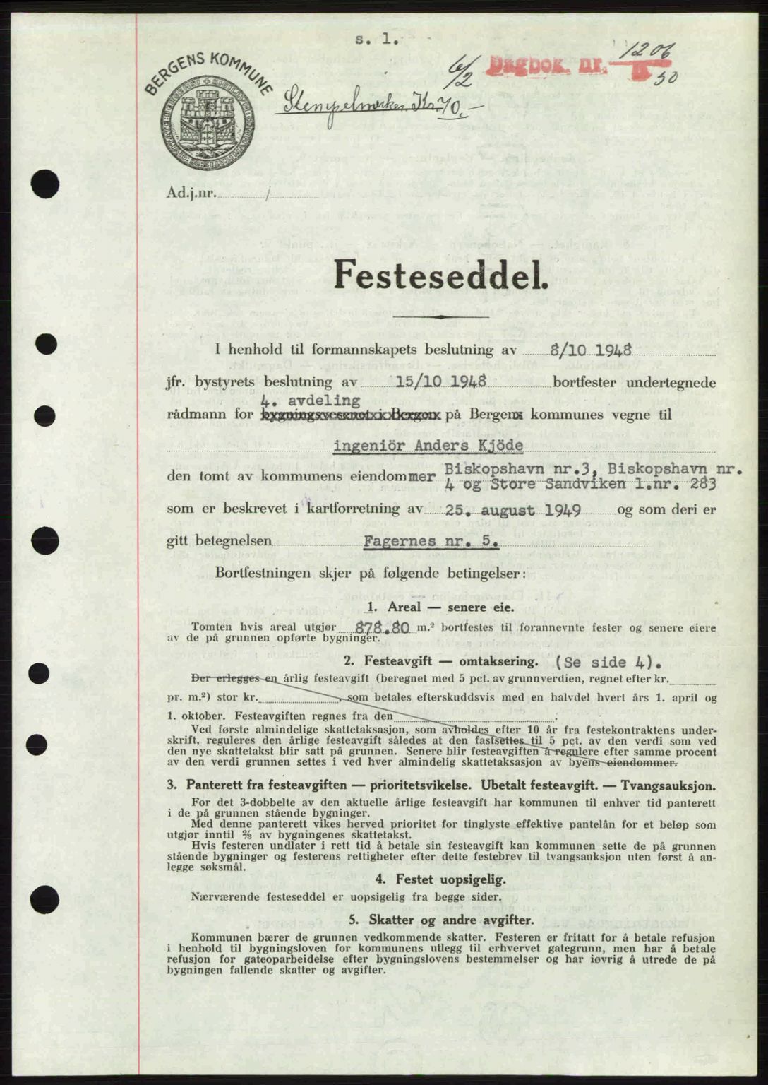 Byfogd og Byskriver i Bergen, AV/SAB-A-3401/03/03Bc/L0032: Mortgage book no. A26, 1950-1950, Diary no: : 1206/1950